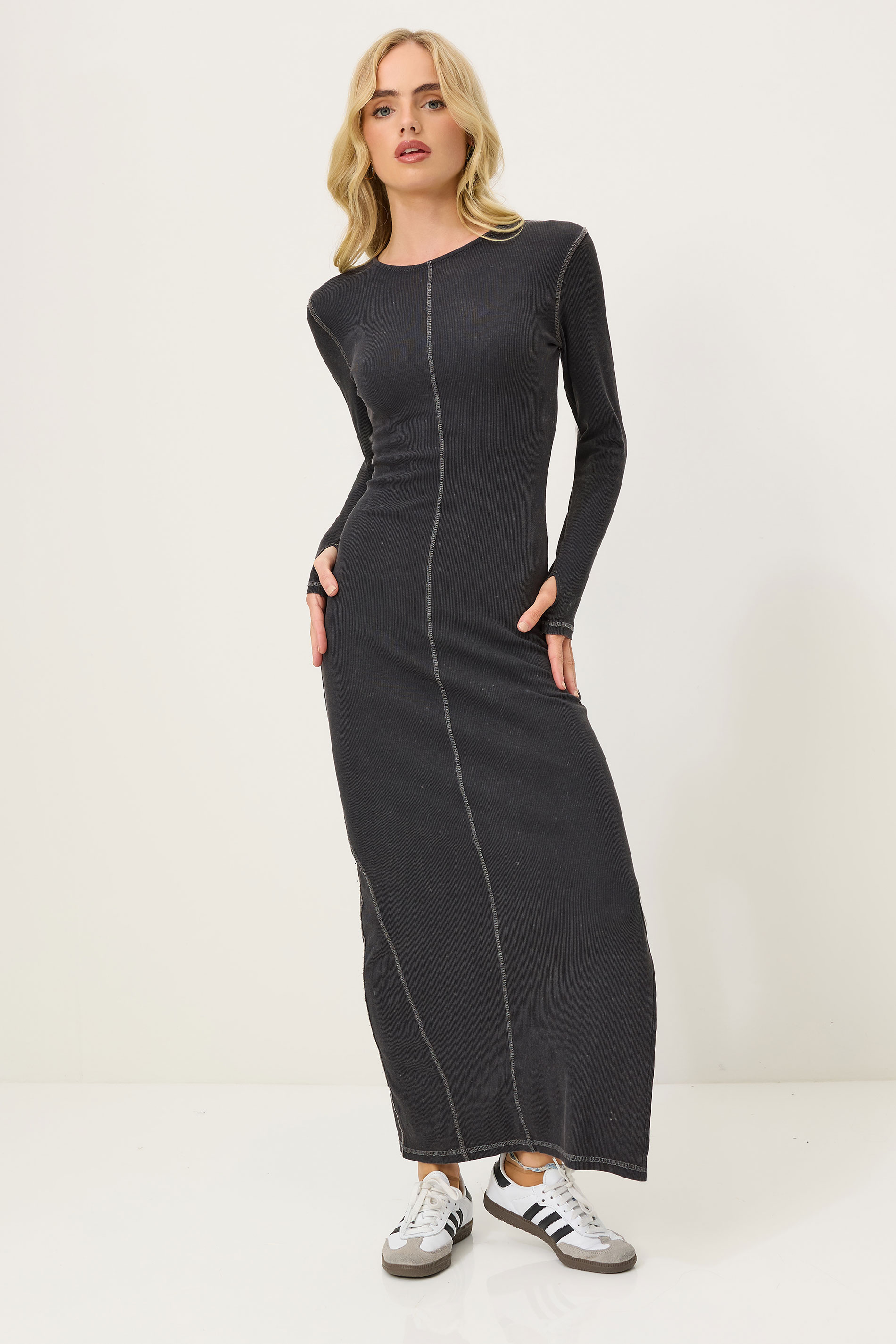 PixieGirl Petite Women's Grey Wash Contrast Stitch Maxi Dress | PixieGirl 1