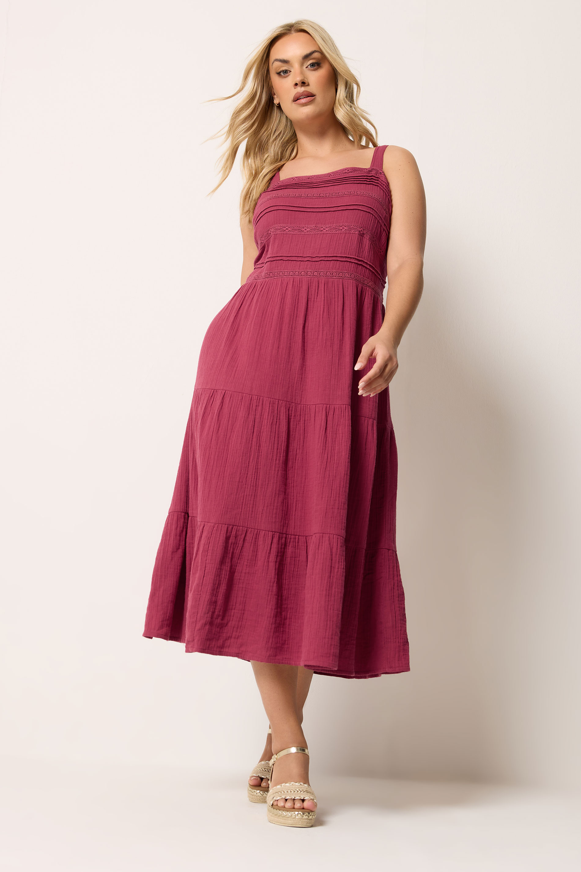 YOURS Plus Size Pink Cheesecloth Pleated Tiered Dress | Yours Clothing 2