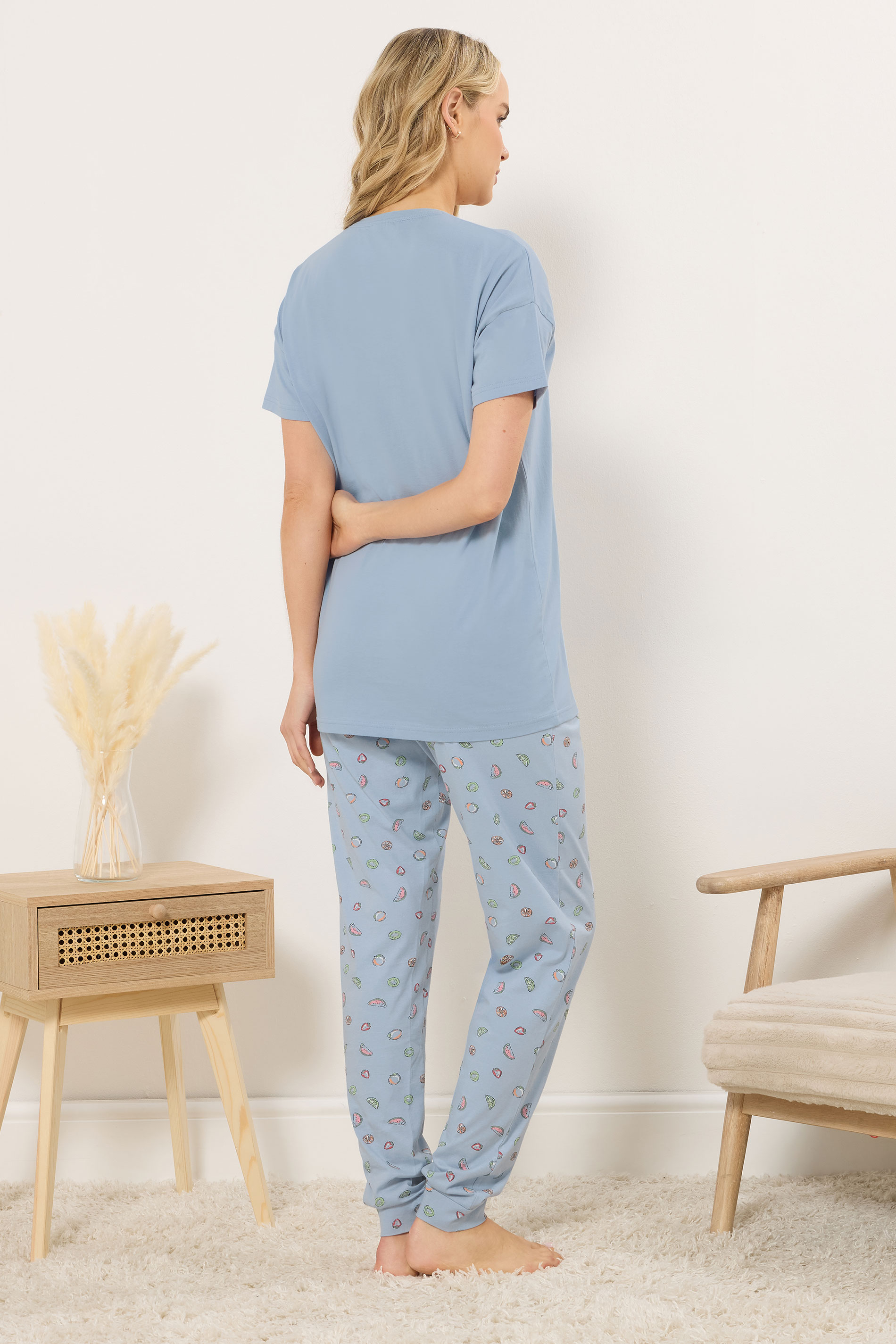 LTS Tall Women's Blue Summer Fruits 'Amalfi Coast' Slogan Cotton Pyjama Set | Long Tall Sally  2