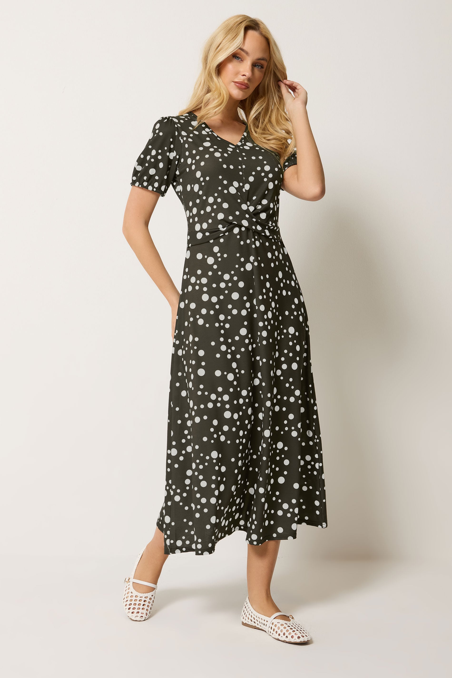 M&Co Chocolate Brown Polka Dot Twist Front Midi Dress | M&Co 3
