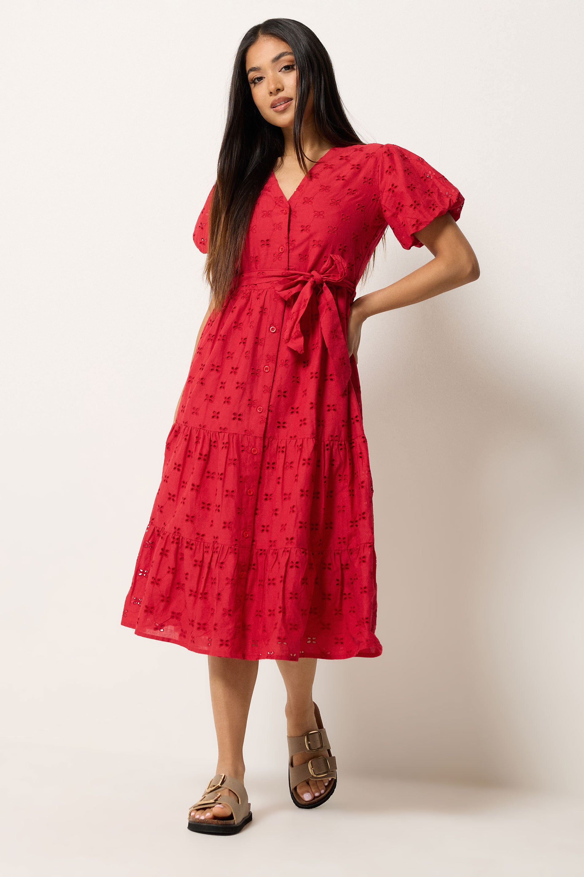 M&Co Petite Red Broderie Tie Waist Cotton Midi Dress | M&Co 1
