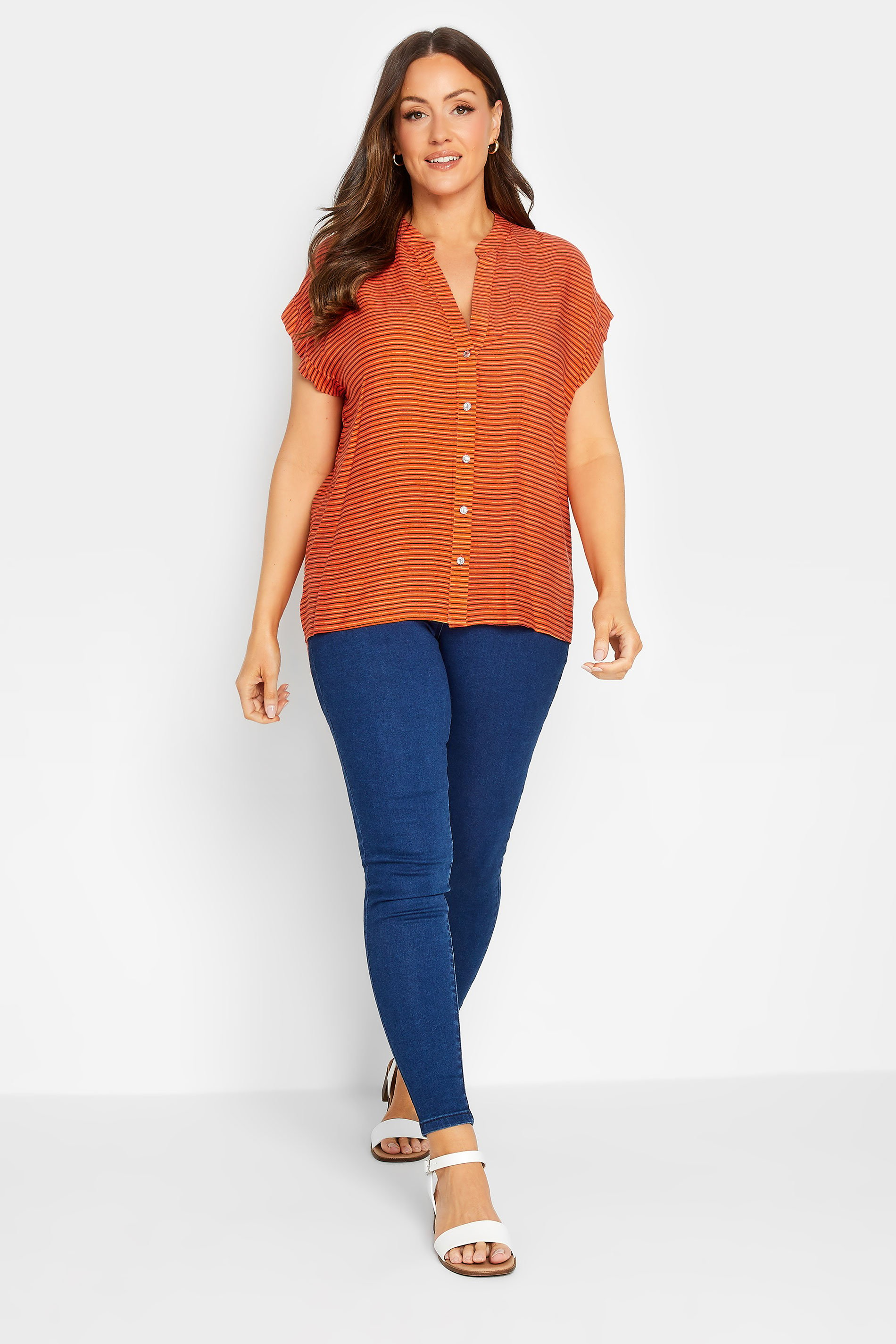 M&Co Women's Orange Stripe Grown On Sleeve Top | M&Co 2