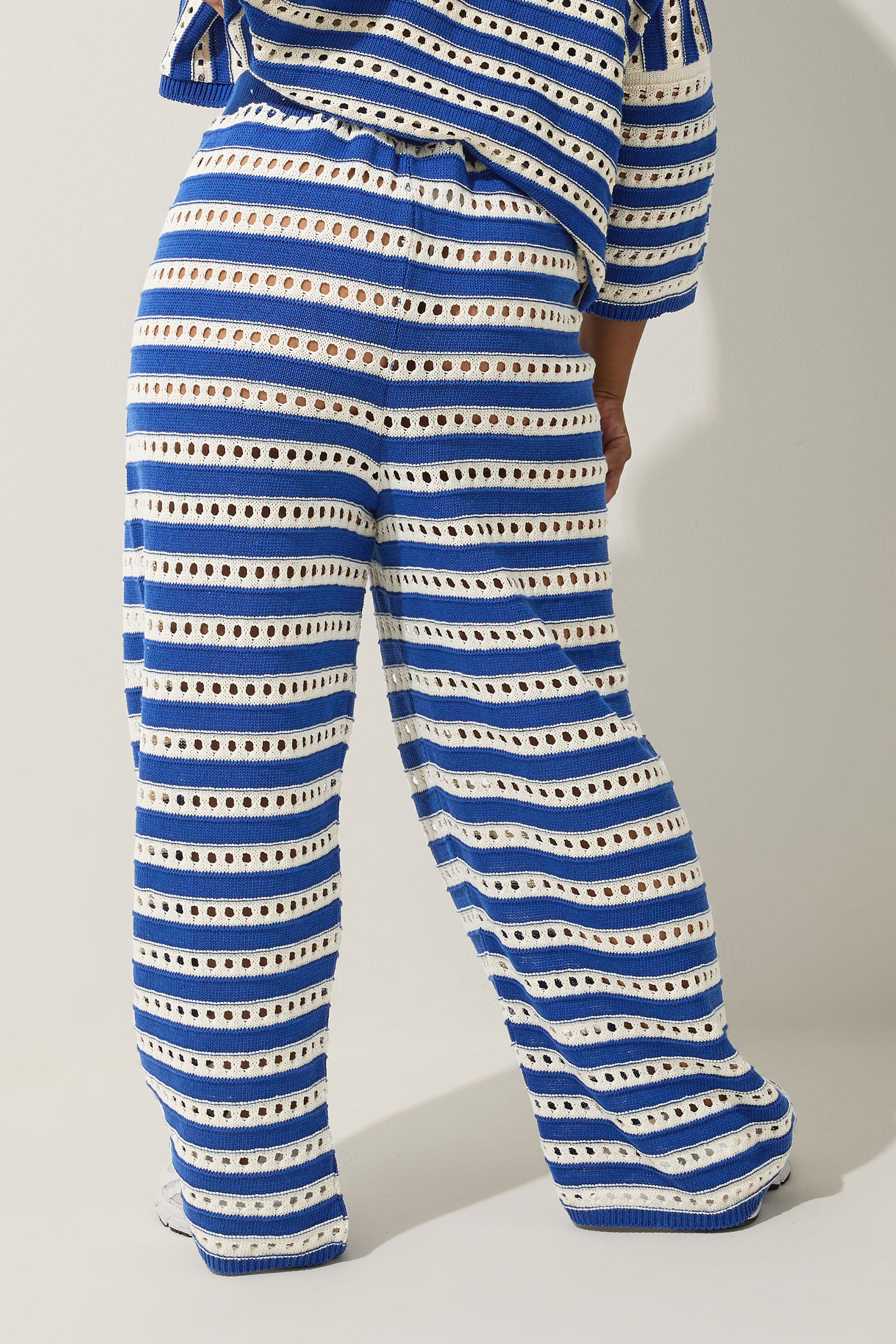 LIMITED COLLECTION Plus Size Blue & White Stripe Crochet Wide Leg Trousers | Yours Clothing 4