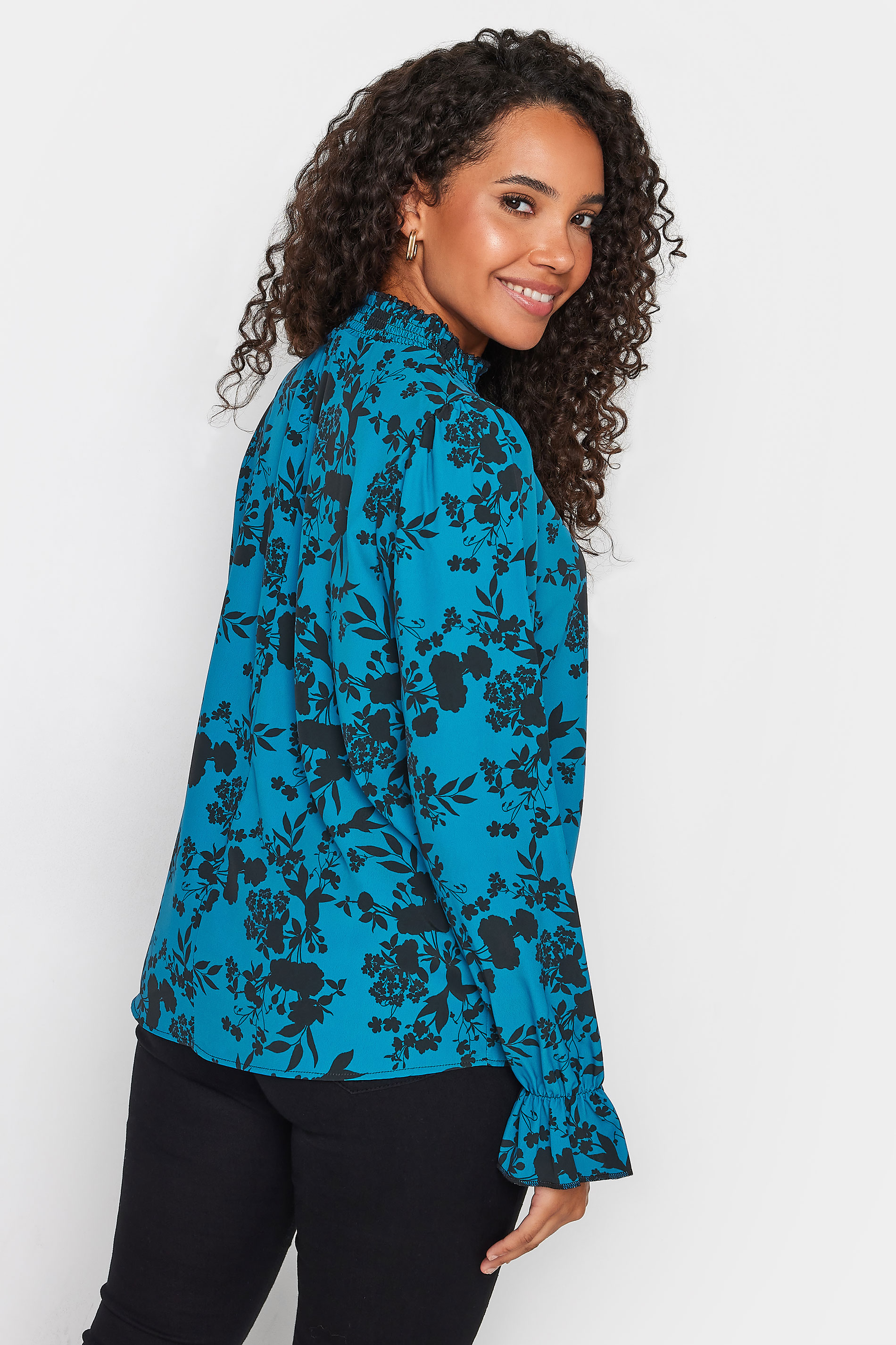 M&Co Blue Floral Print Shirred High Neck Blouse | M&Co 3