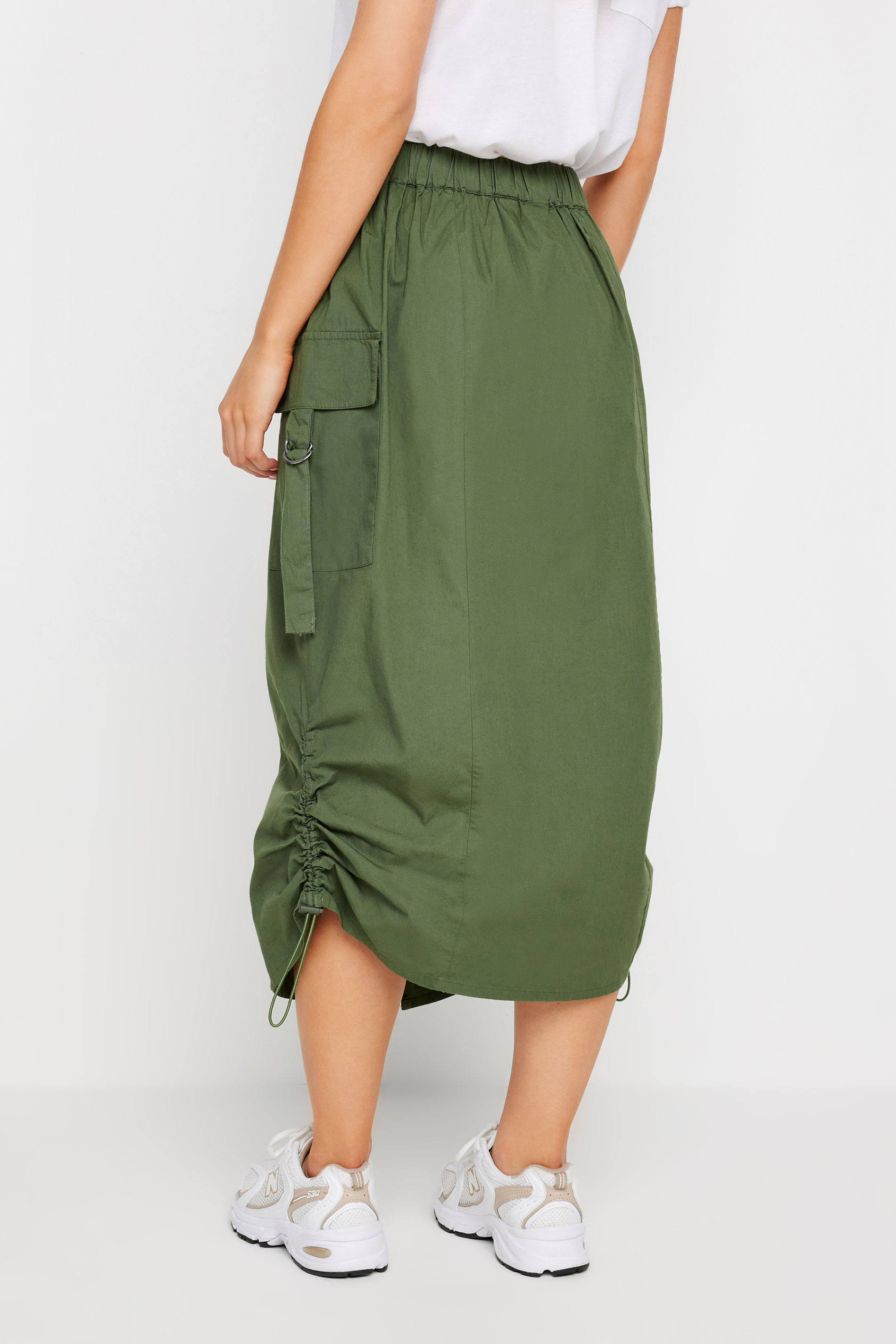 PixieGirl Khaki Green Ruched Cotton Cargo Midi Skirt | PixieGirl  2