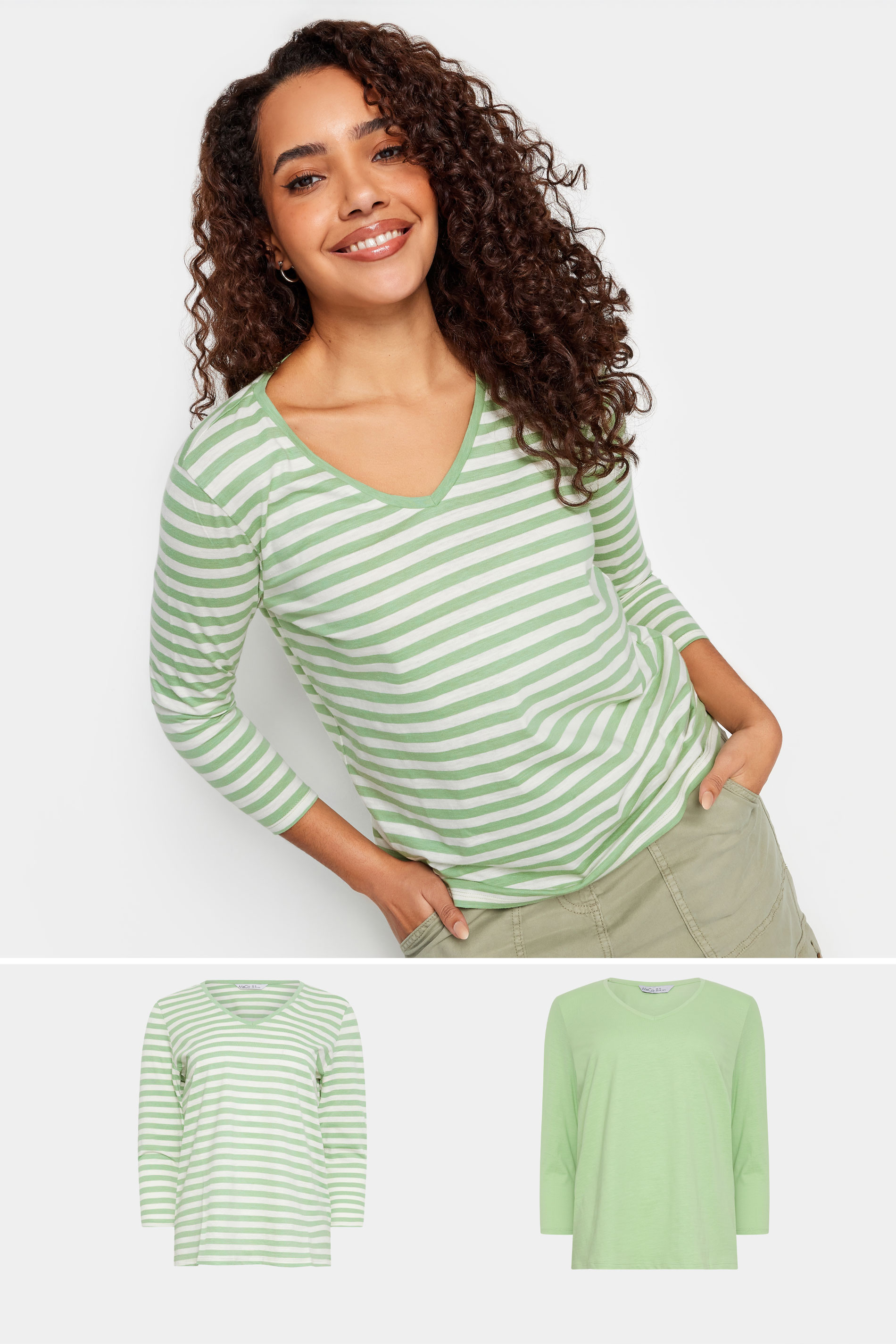 M&Co 2 Pack Green Plain & Stripe V-Neck Cotton T-Shirts | M&Co 1