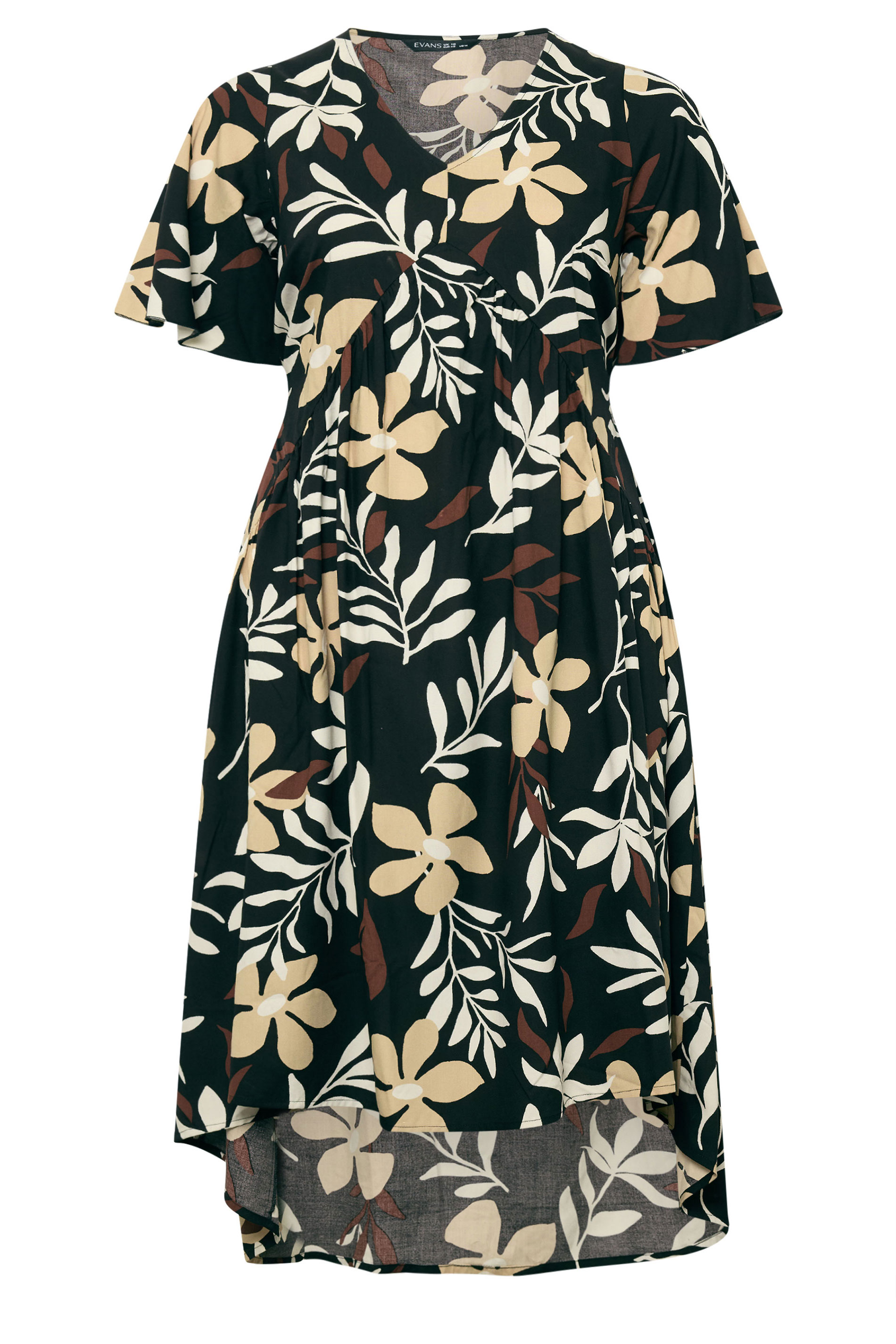 EVANS Plus Size Black Leaf Print Dipped Hem Dress | Evans 6
