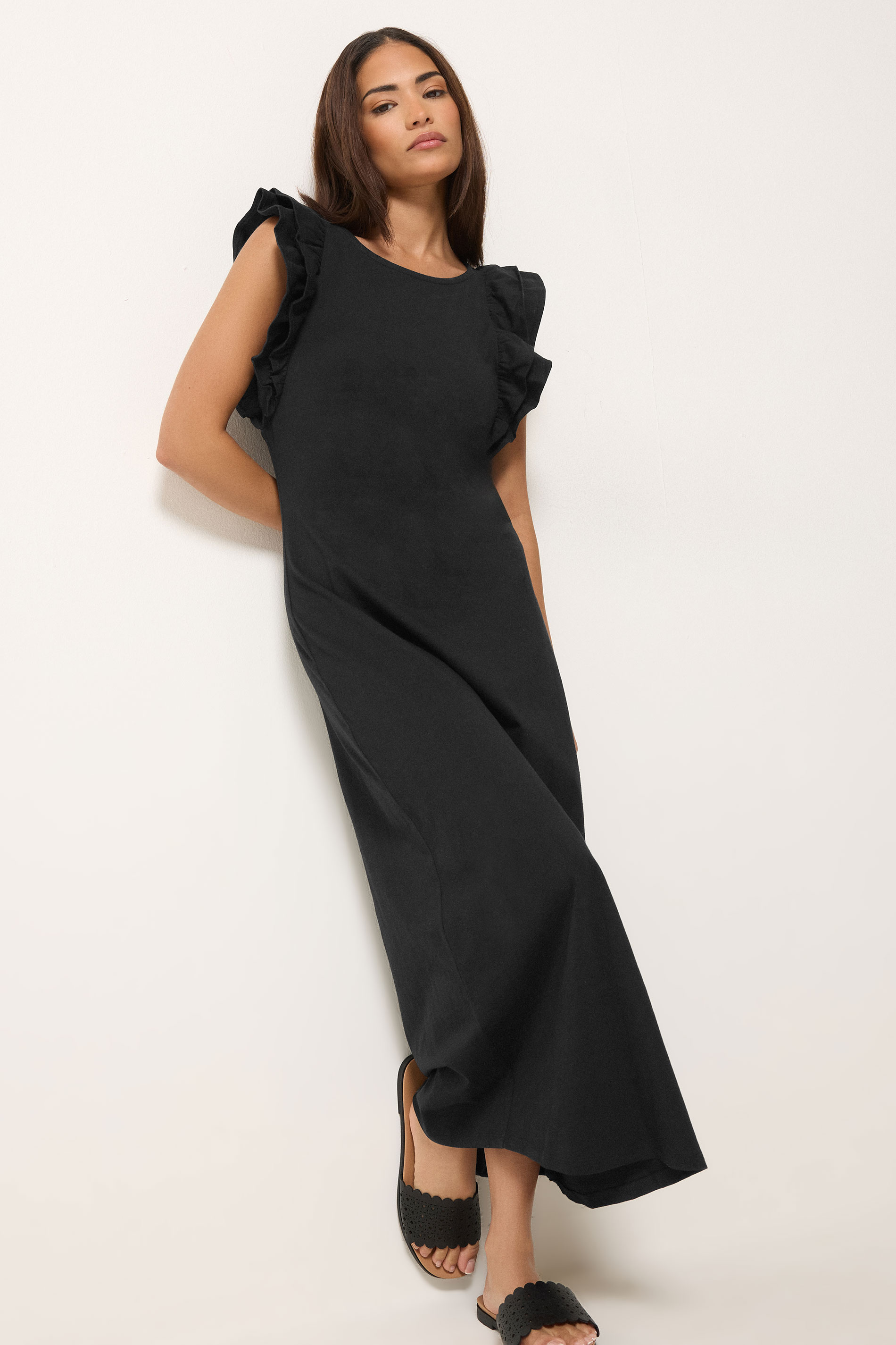 PixieGirl Petite Women's Black Frill Sleeve Cotton Maxi Dress | PixieGirl 2