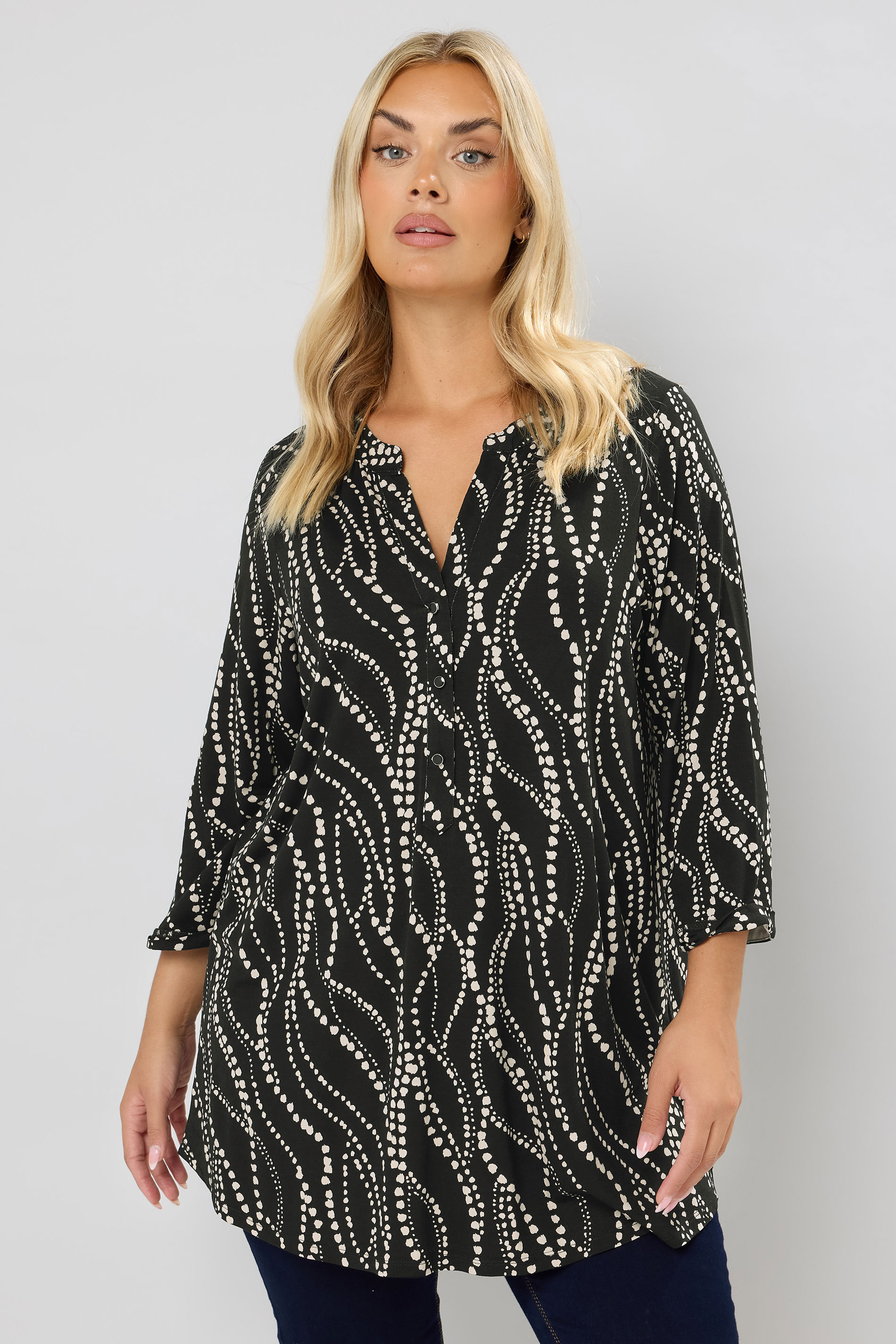 YOURS Plus Size Black Spot Print Half Placket Shirt | Yours Clothing 3