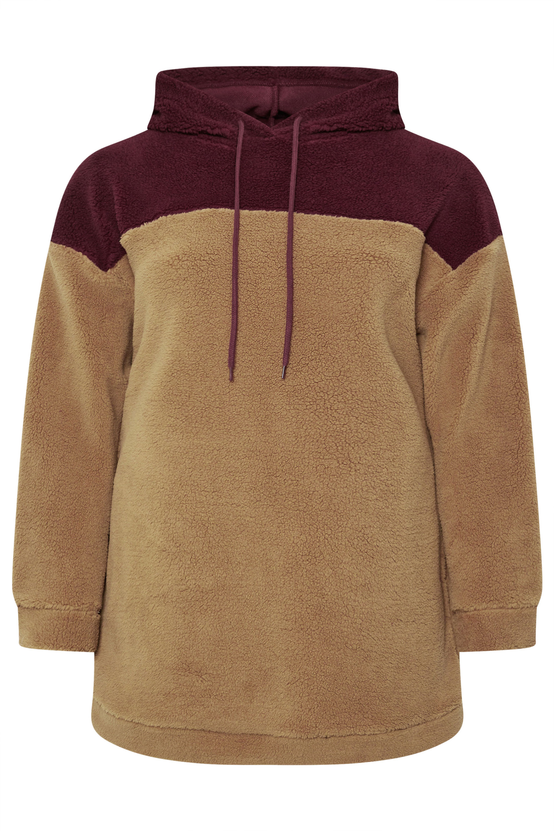 YOURS Plus Size Natural Brown & Burgundy Red Colourblock Teddy Fleece Hoodie | Yours Clothing  5