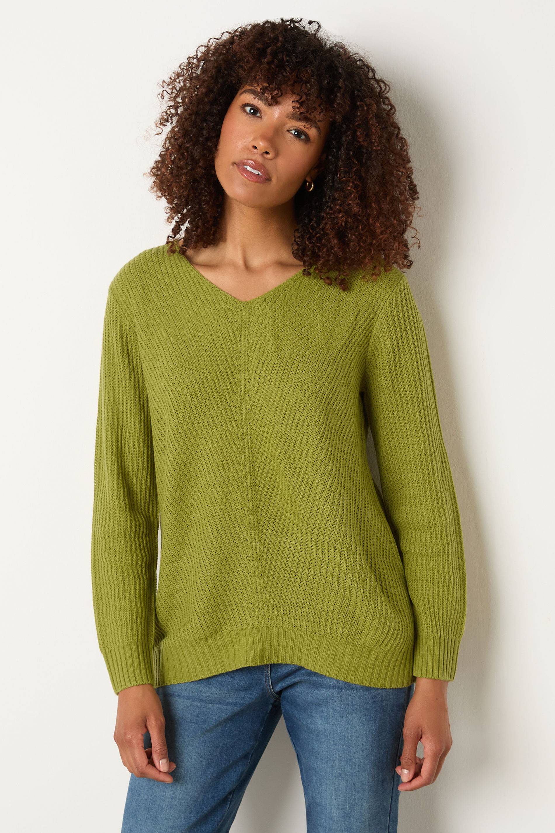 M&Co Fern Green V-Neck Long Sleeve Knitted Jumper | M&Co 1