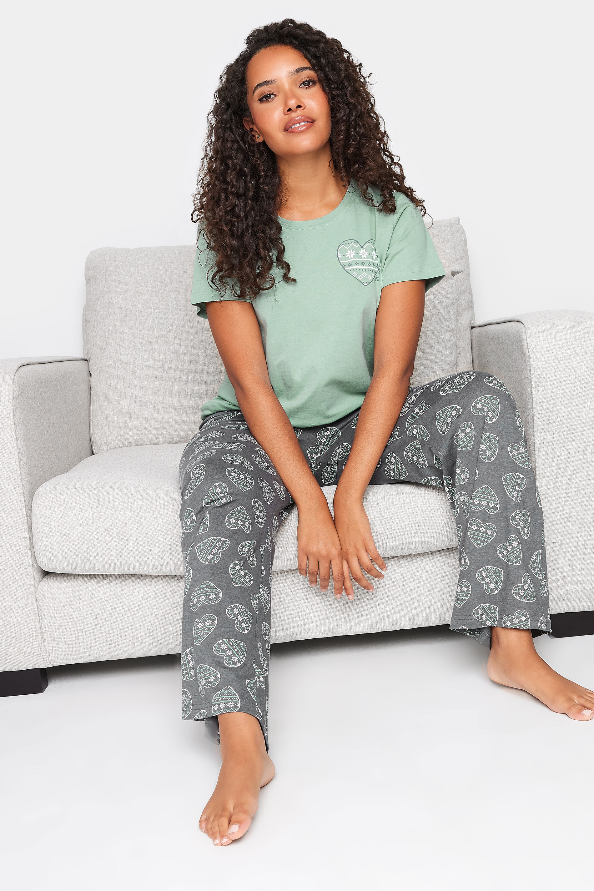 M&Co Green & Grey Cotton Fairisle Heart Print Wide Leg Pyjama Set | M&Co 1