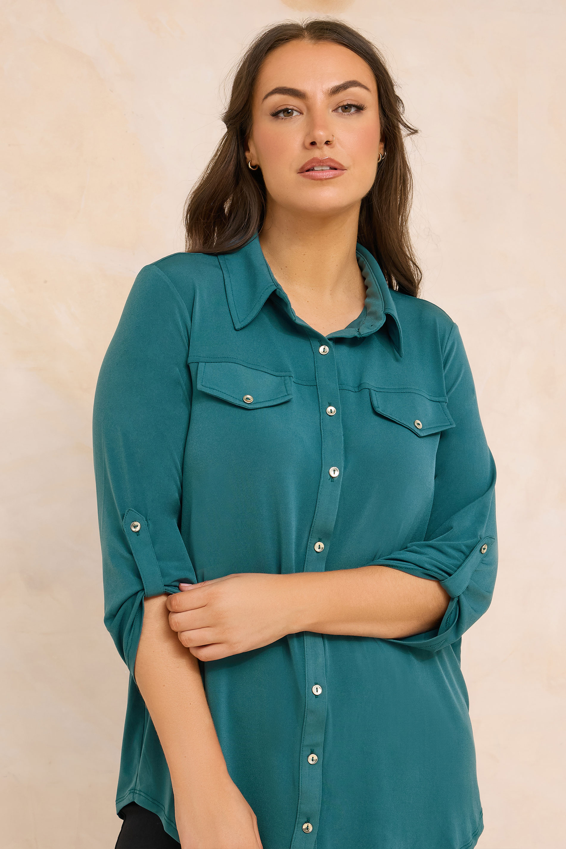EVANS Plus Size Teal Blue Tab Sleeve Blouse | Evans  3