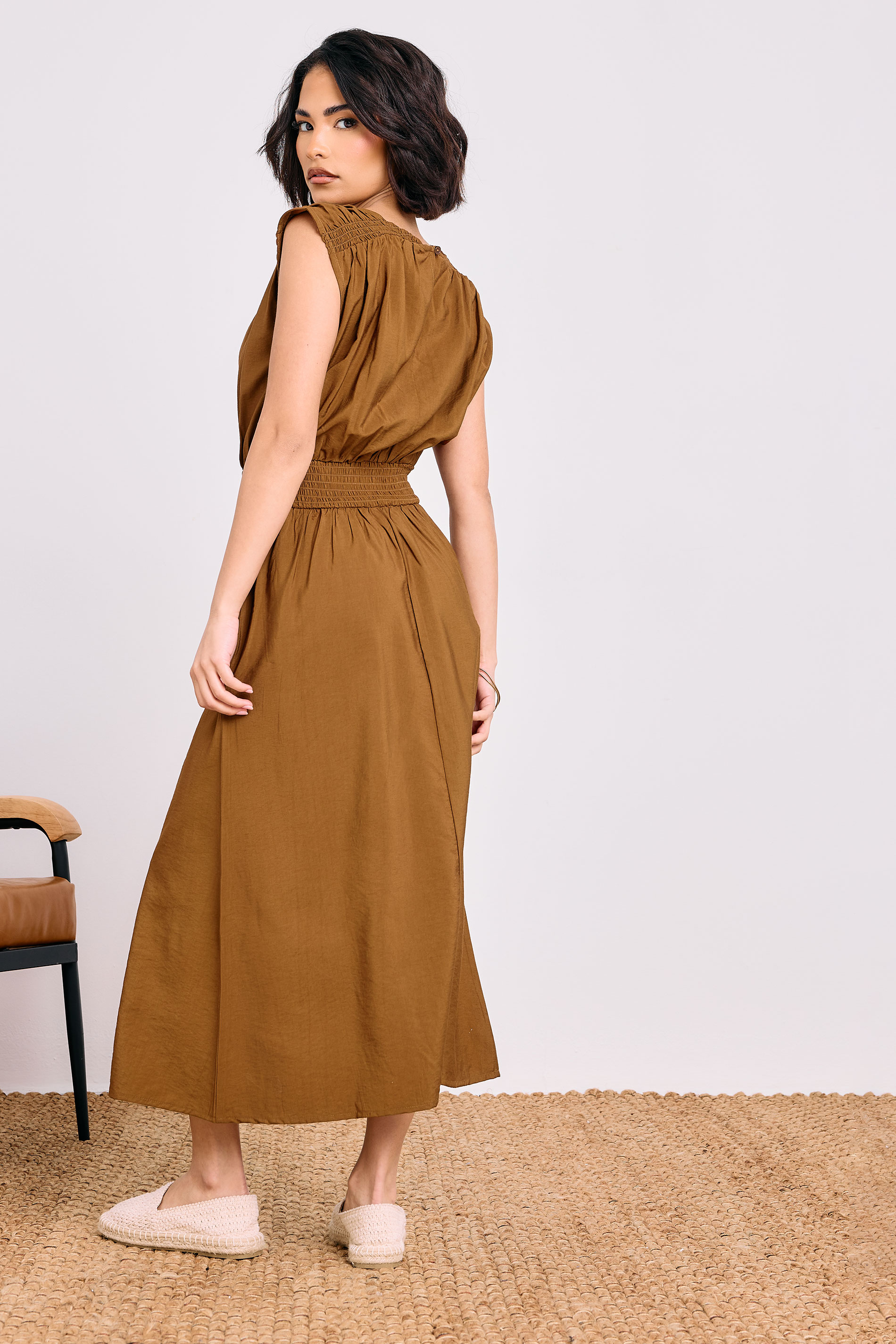 PixieGirl Petite Women's Brown Shirred Waist Maxi Dress | PixieGirl 4