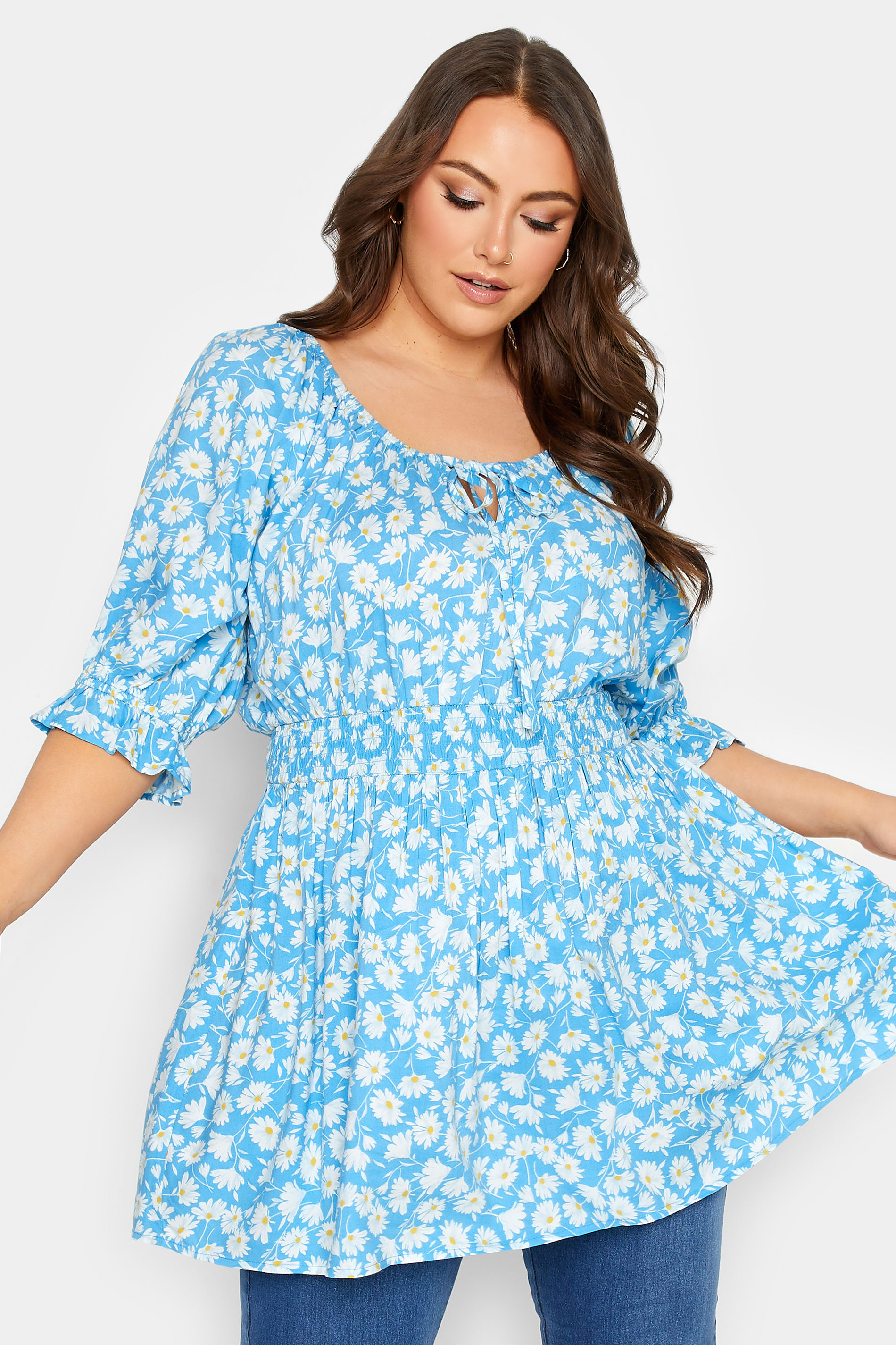 YOURS Plus Size Blue Floral Shirred Tie Front Top | Yours Clothing 1
