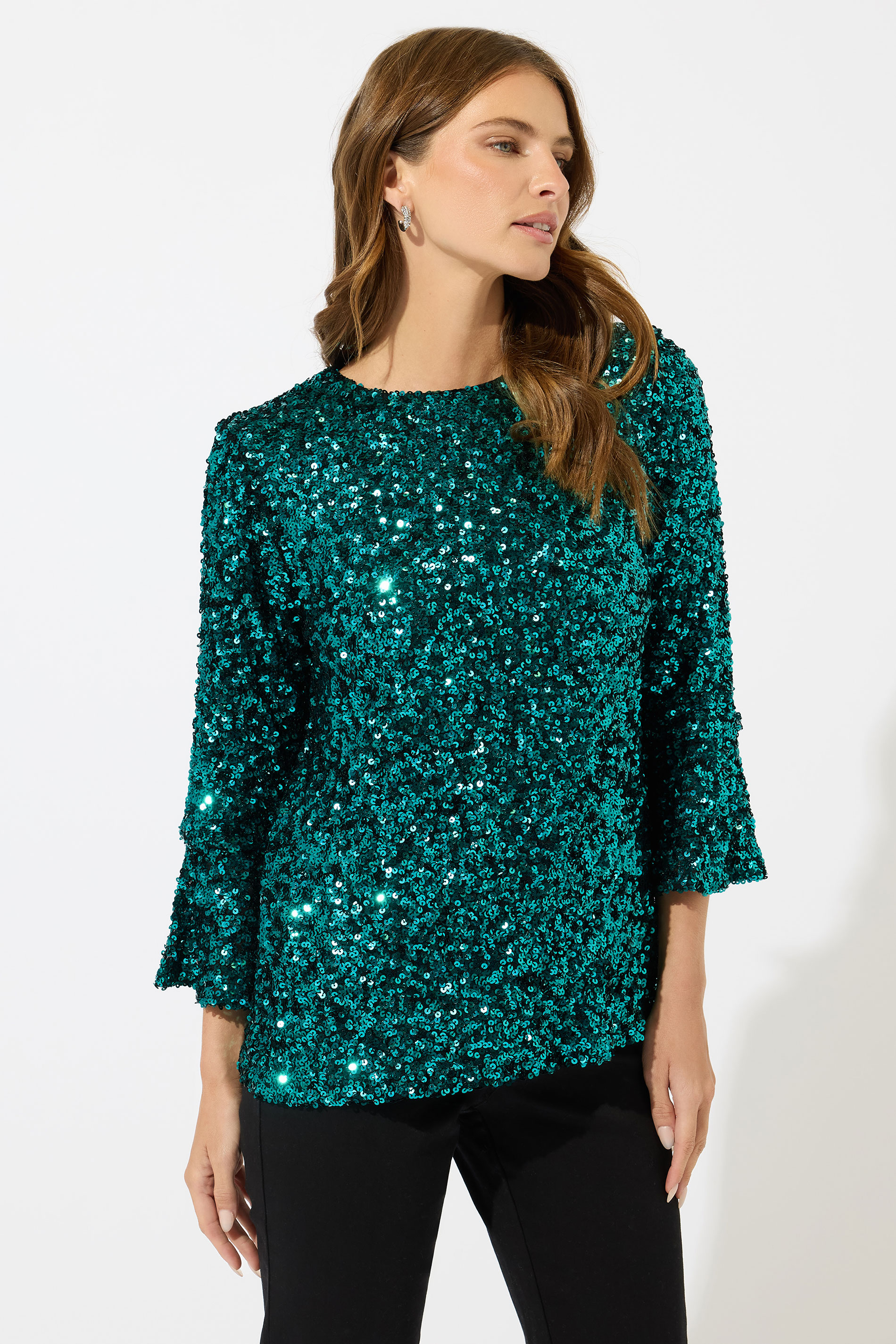 M&Co Green Sequin Flute Sleeve Top | M&Co 1