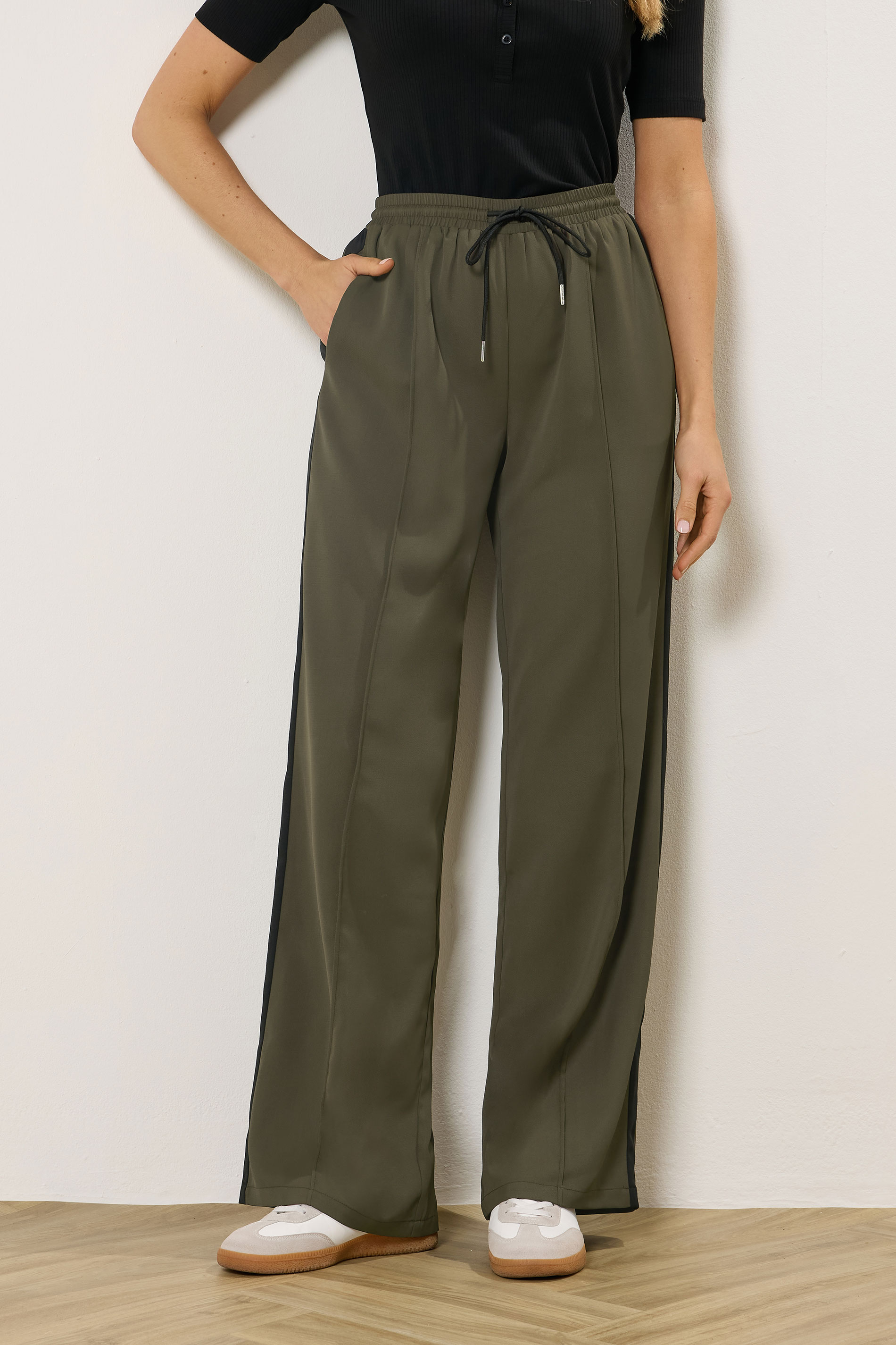 LTS Tall Women's Khaki Green Side Stripe Wide Leg Trousers | Long Tall Sally 1