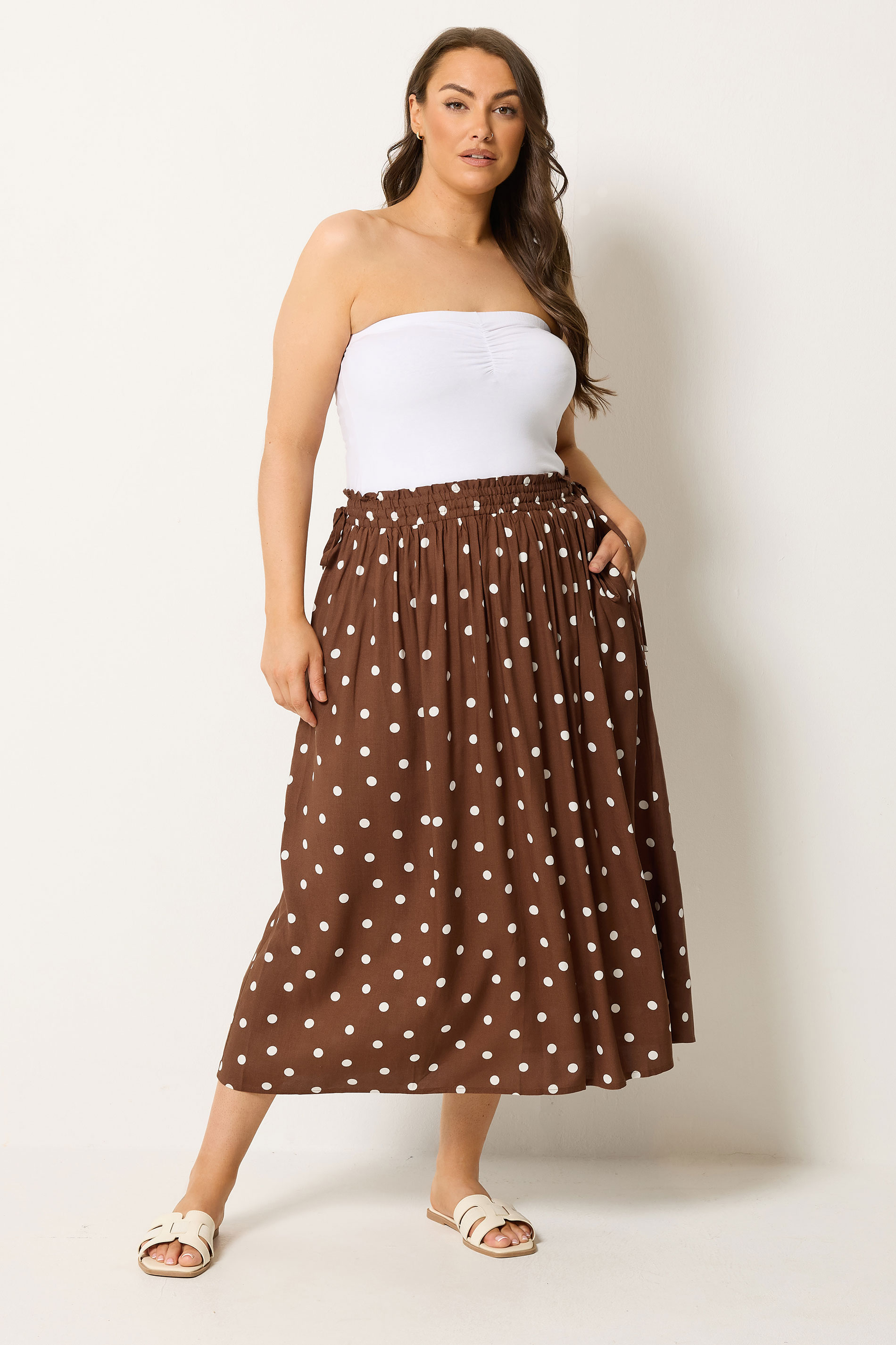 YOURS Plus Size Brown Polka Dot Skirt | Yours Clothing 1