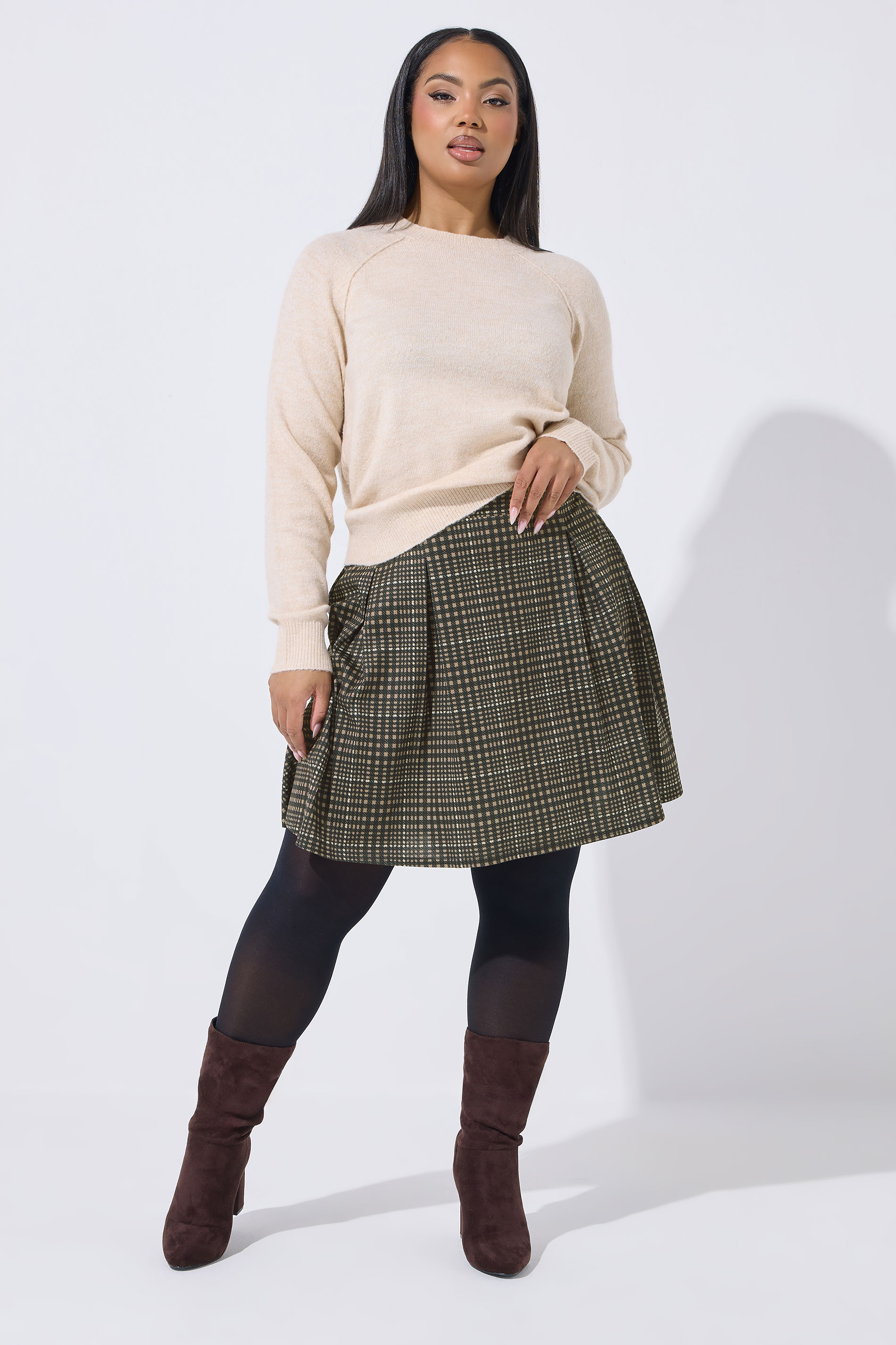 LIMITED COLLECTION Plus Size Brown Check Pleated Skirt | Yours Clothing 1