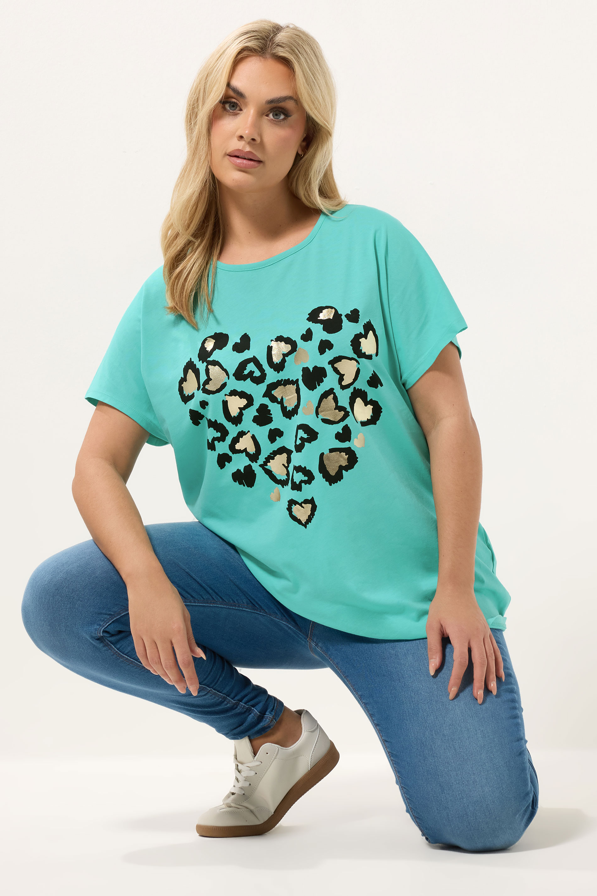 YOURS Plus Size Green Leopard Heart T-Shirt | Yours Clothing 1