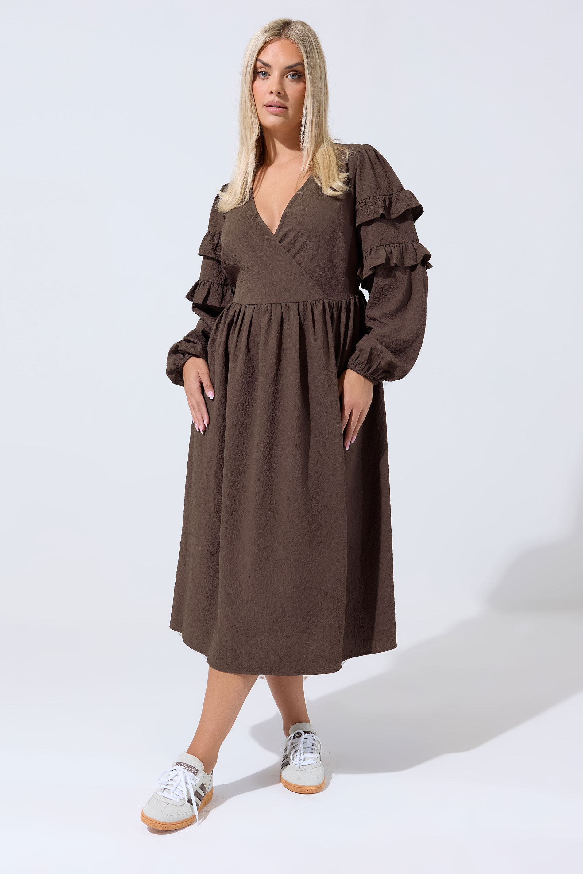 LIMITED COLLECTION Plus Size Brown Textured Ruffle Dress | Yours Clothing 1