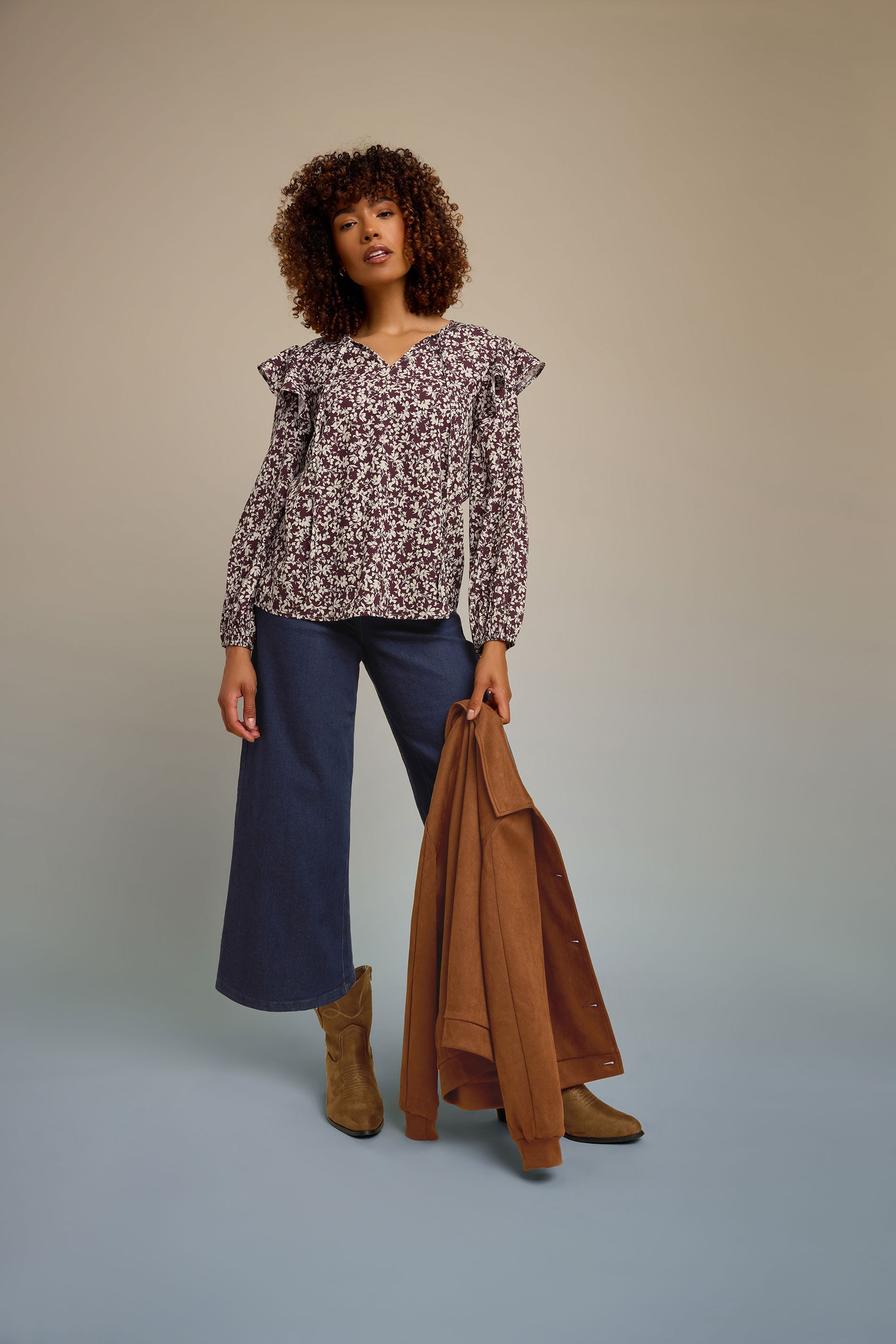 M&Co Berry Purple Floral Print Tie Neck Blouse | M&Co 1
