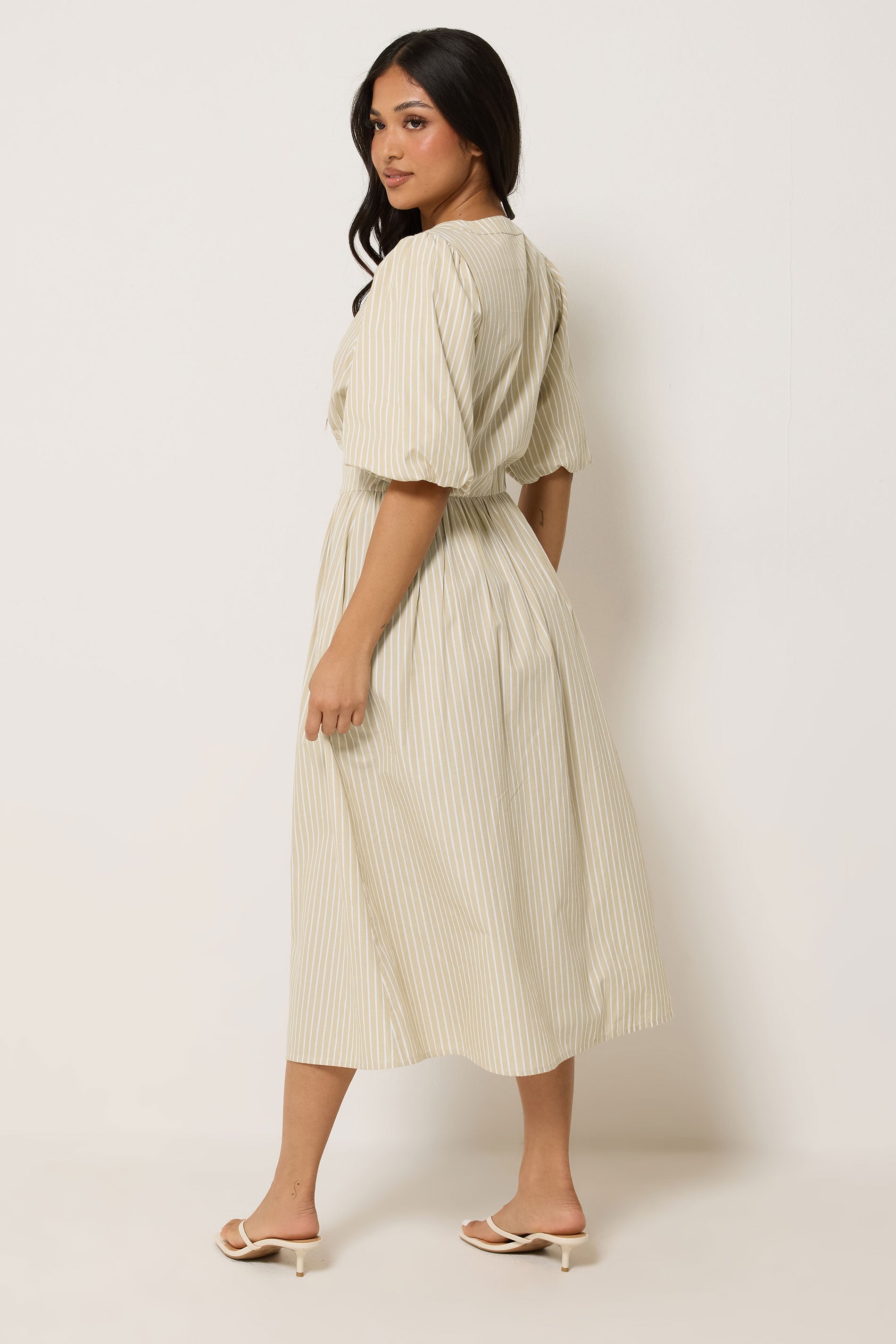 PixieGirl Petite Women's Natural Brown Striped Tea Maxi Dress | PixieGirl 2