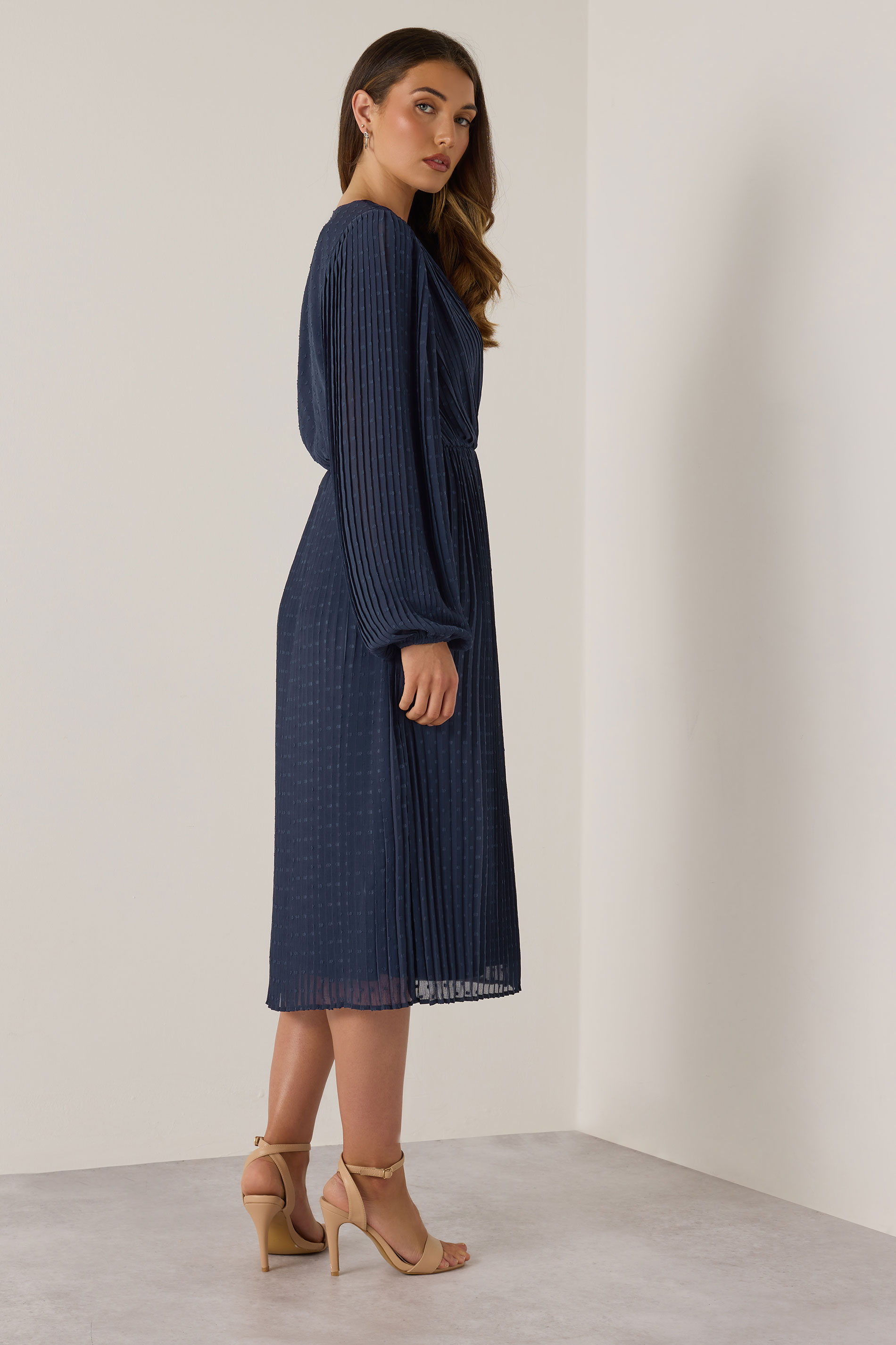 LTS Tall Navy Blue Chiffon Dobby Pleated Wrap Midi Dress | Long Tall Sally 2