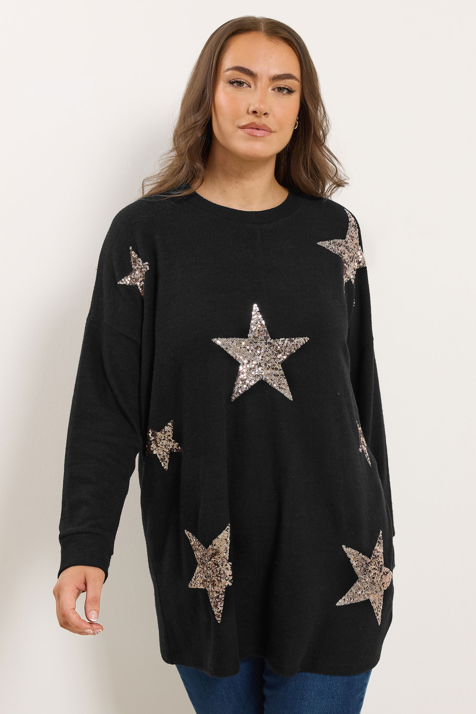 YOURS Plus Size Black Sequin Embellished Star Jumper | Yours Clothing 3