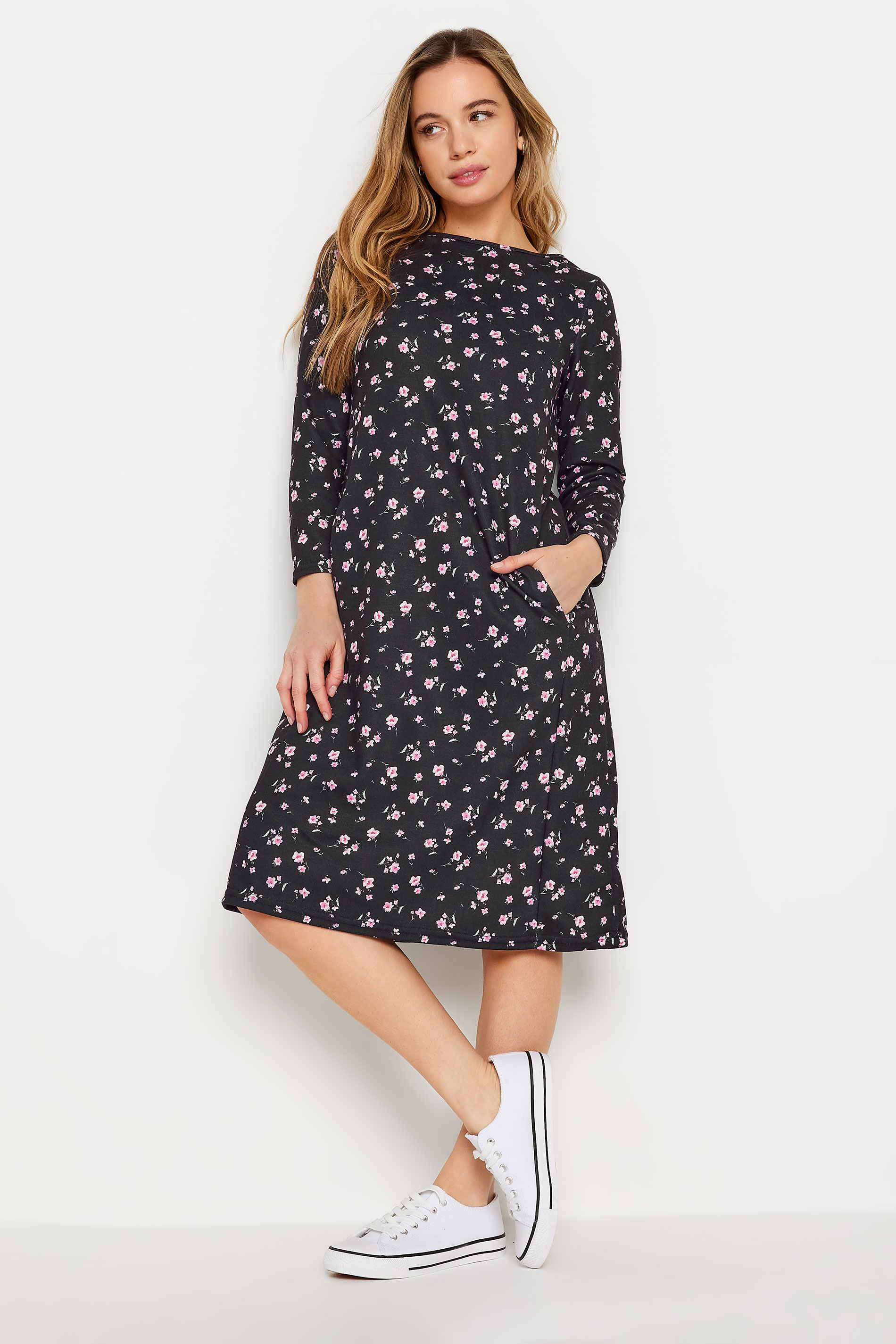 M&Co Petite Black Floral Print Ponte Swing Dress | M&Co 2