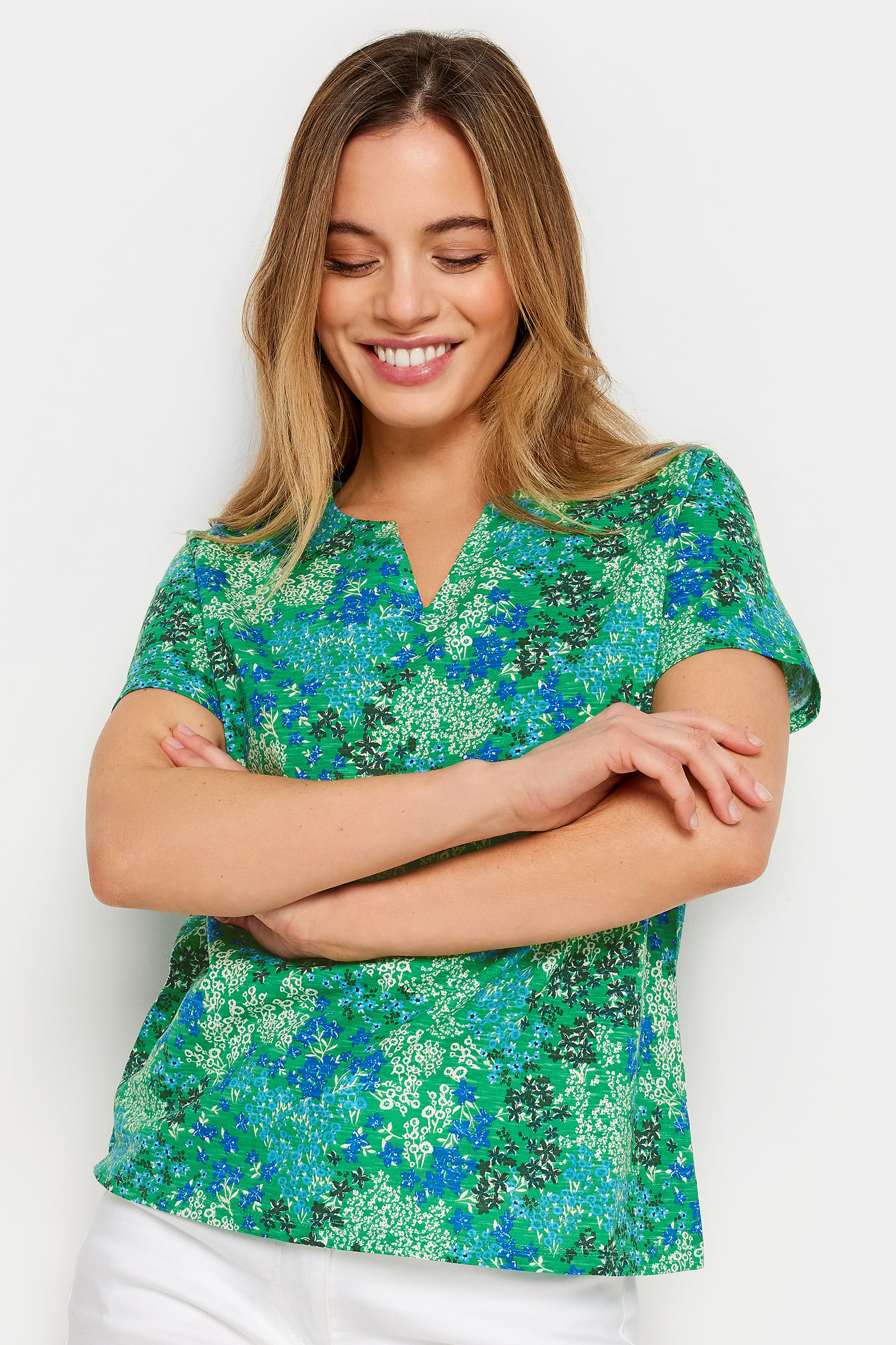 M&Co Petite Green Ditsy Floral Print Notch Neck Cotton T-Shirt | M&Co 3