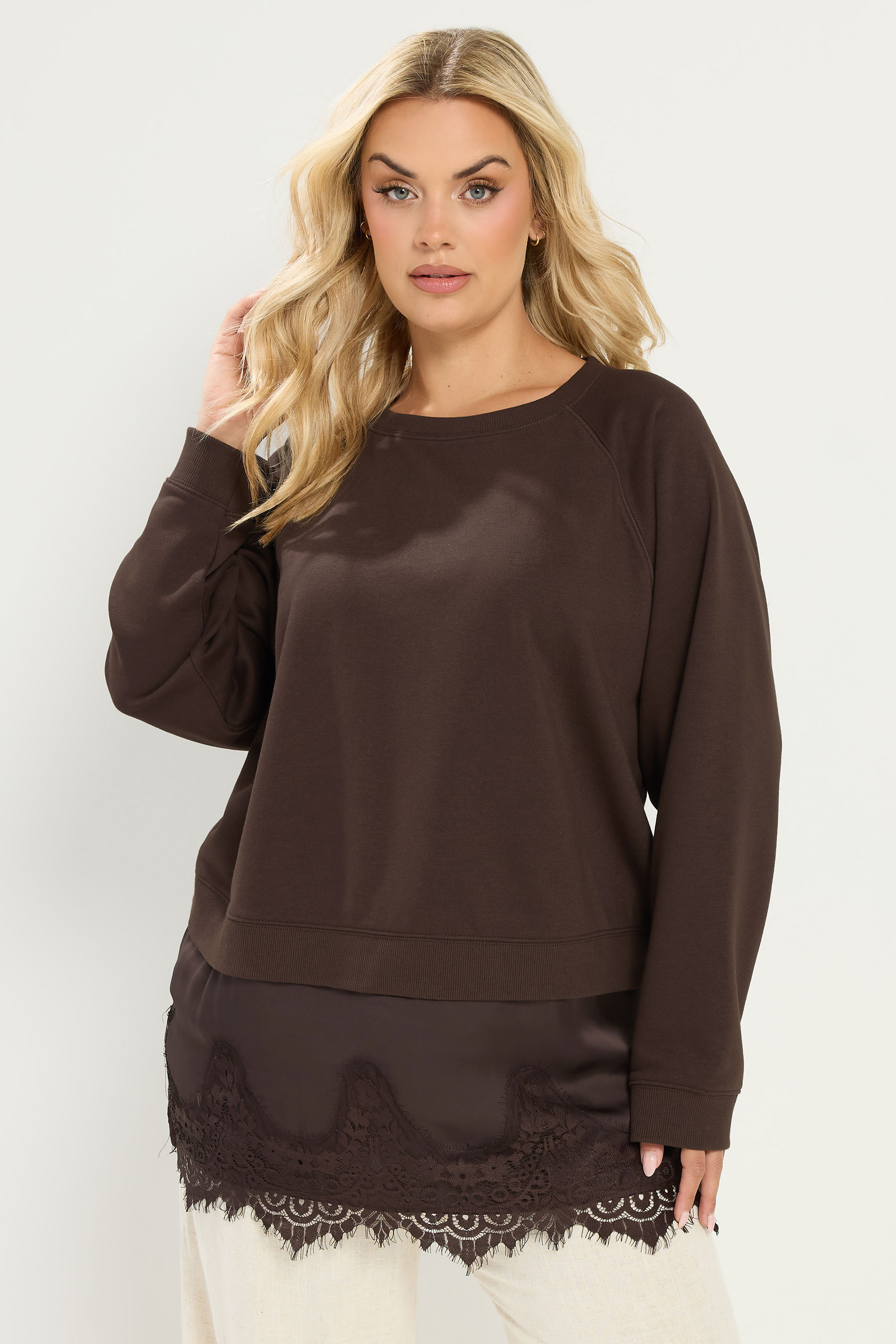 YOURS Plus Size Chocolate Brown Lace 2-In-1 Jumper | Yours Clothing 3