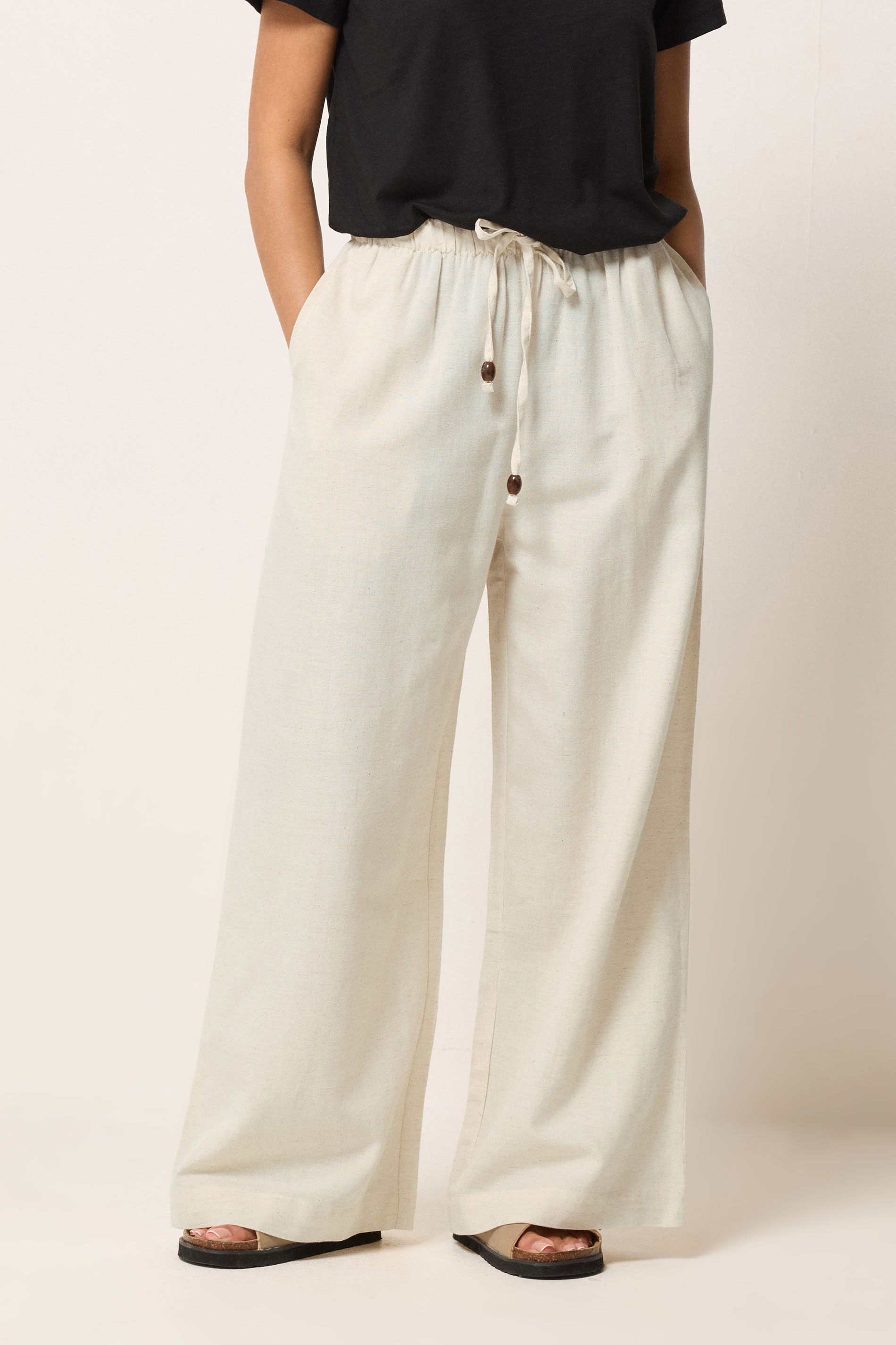 PixieGirl Petite Women's Natural Brown Beaded Linen Wide Leg Trousers | PixieGirl 2