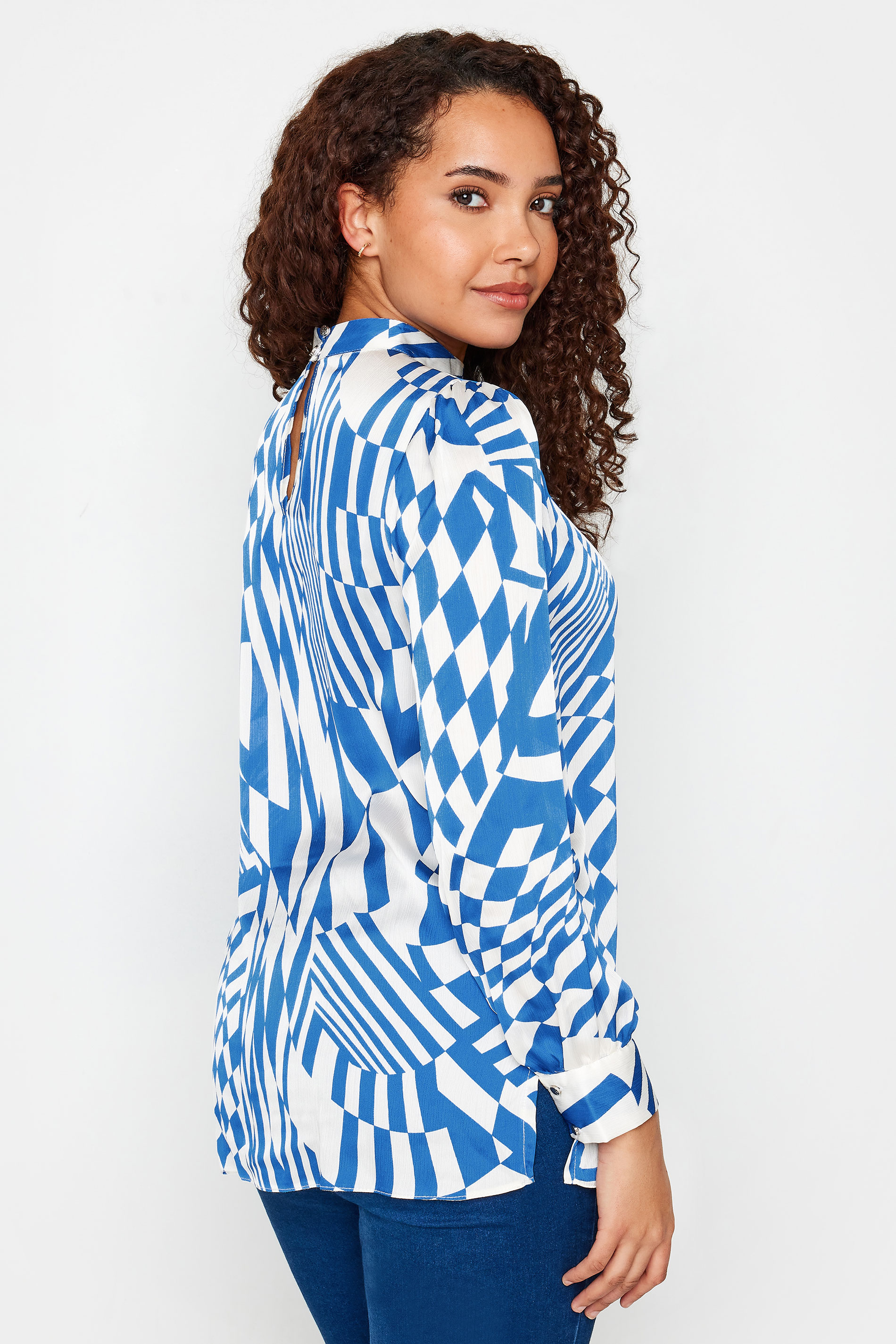 M&Co Blue Abstract Print High Neck Satin Blouse | M&Co 3
