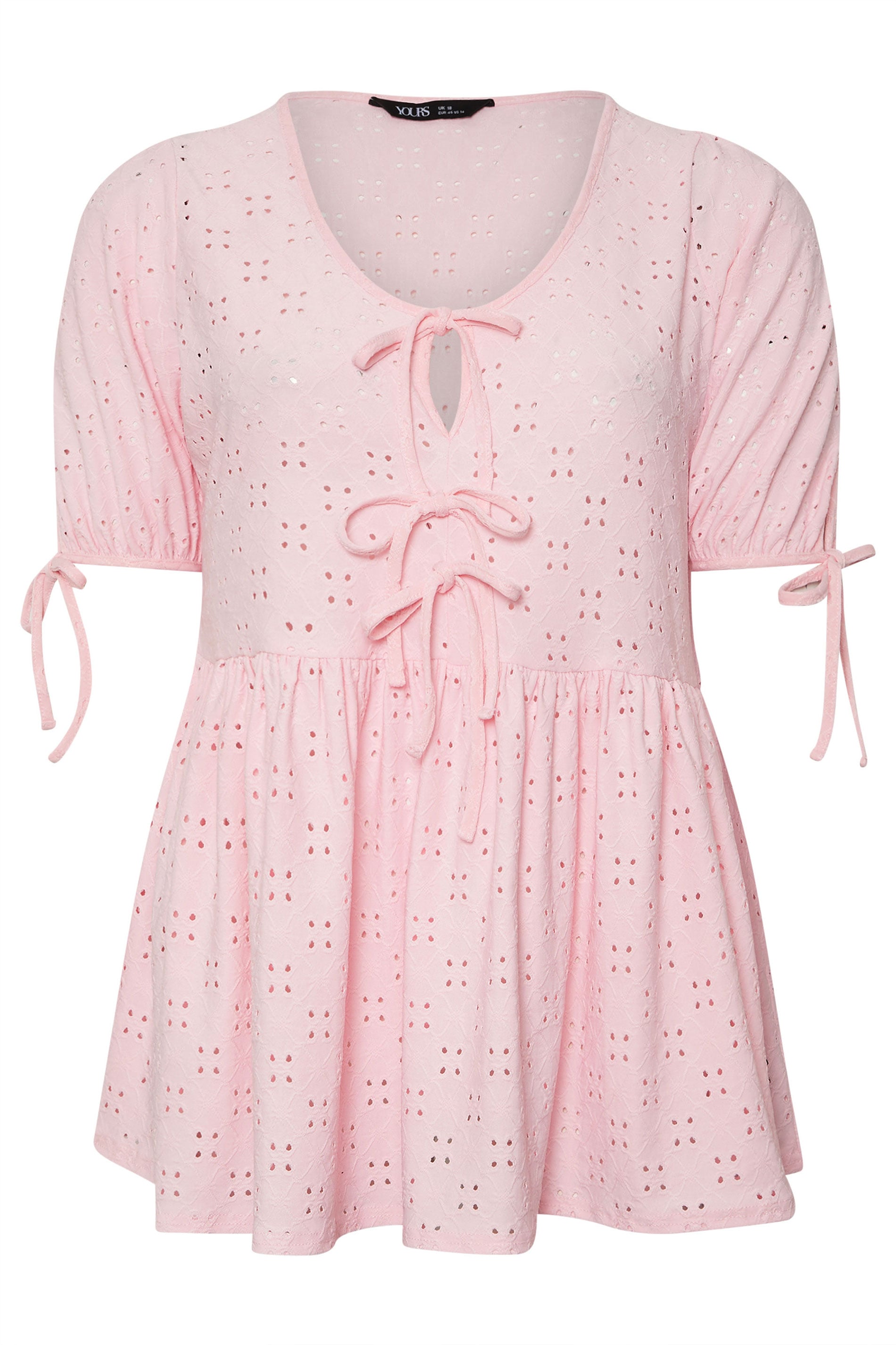 YOURS Plus Size Pink Broderie Anglaise Tie Front Peplum Top | Yours Clothing 6