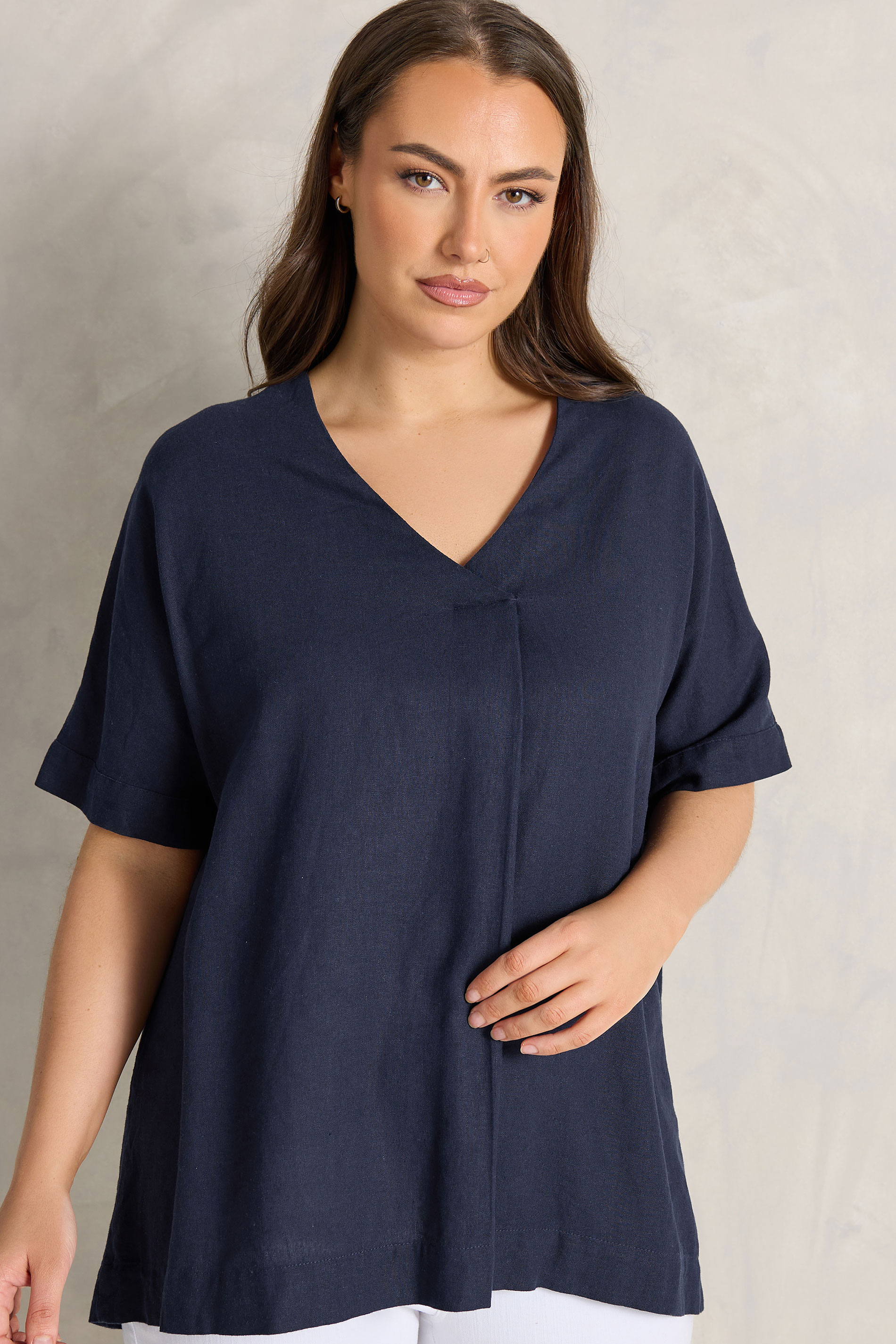 EVANS Plus Size Navy Blue Premium Linen Front Pleat Top | Evans  1