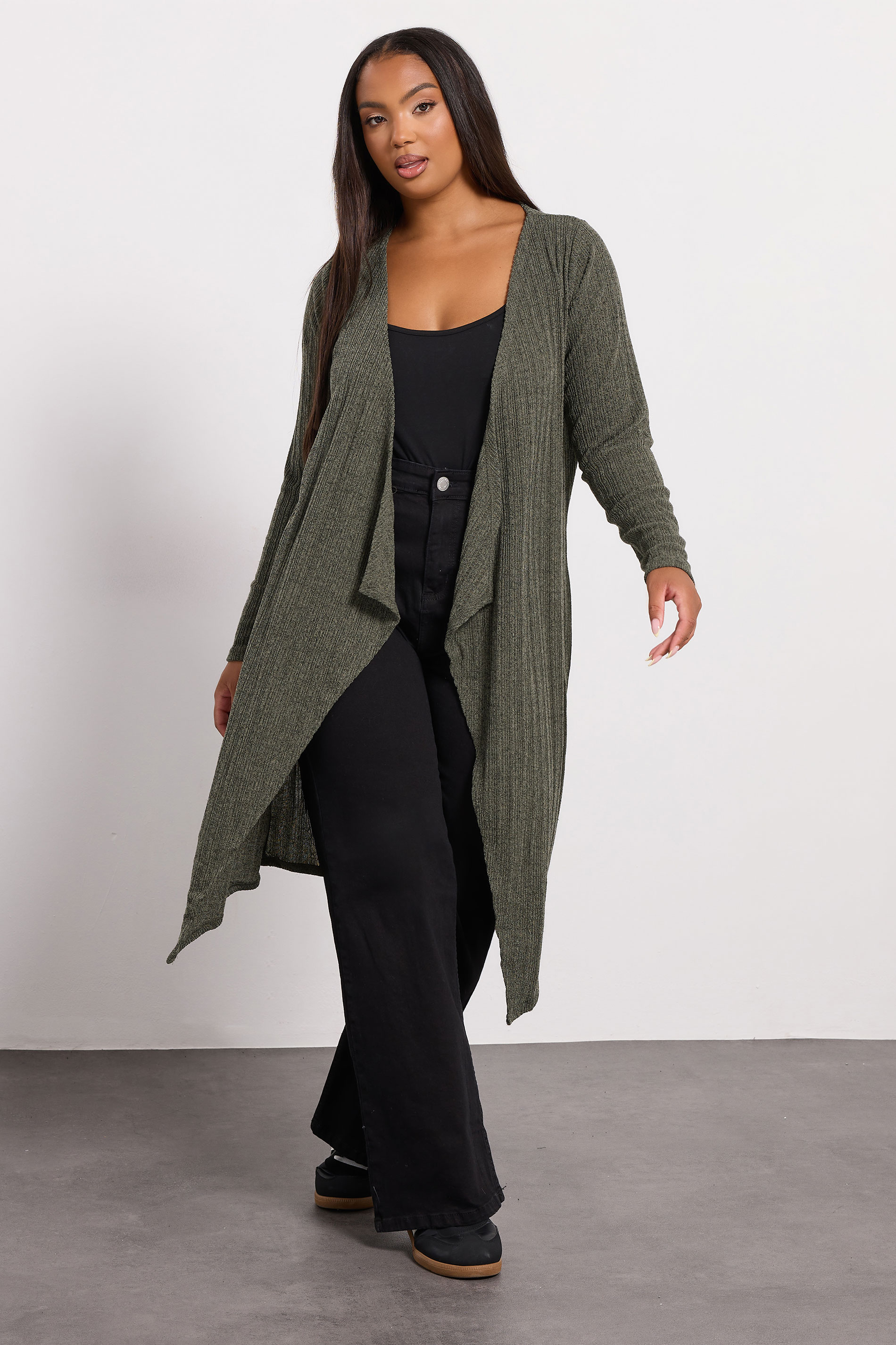 YOURS Plus Size Khaki Green Ribbed Midaxi Waterfall Cardigan | Yours Clothing 3