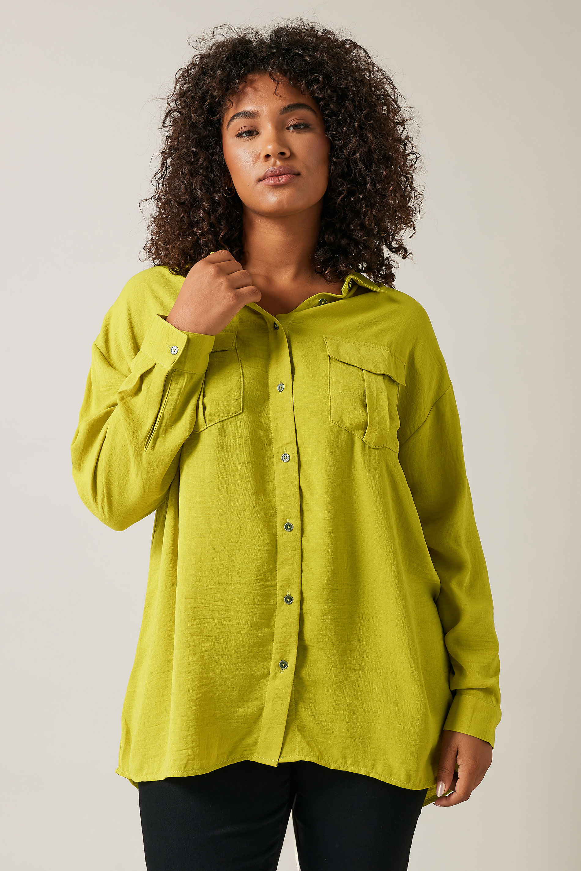 EVANS Plus Size Chartreuse Green Long Sleeve Utility Shirt | Evans  1