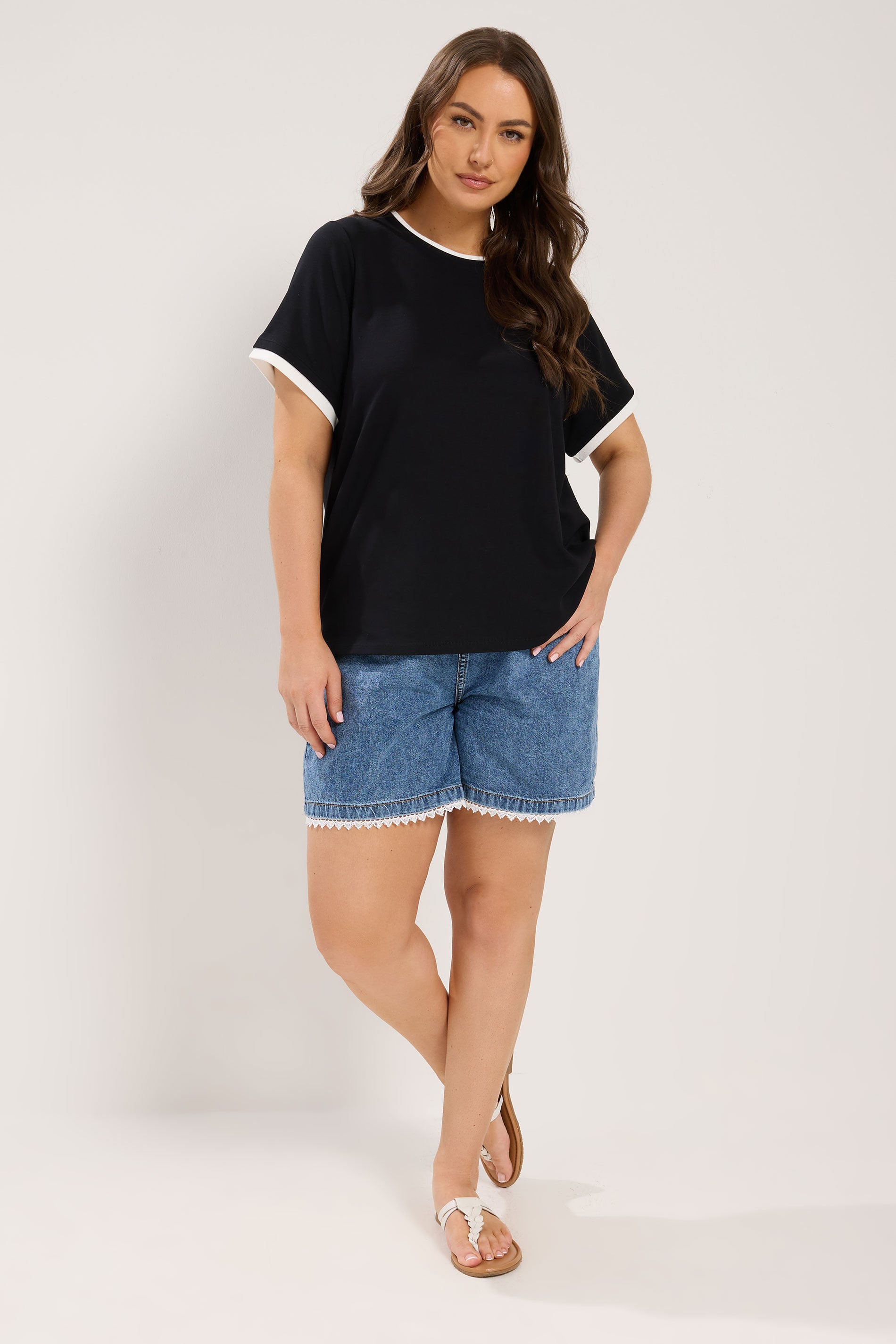 YOURS Plus Size Black Contrast Trim Ringer T-Shirt | Yours Clothing 1