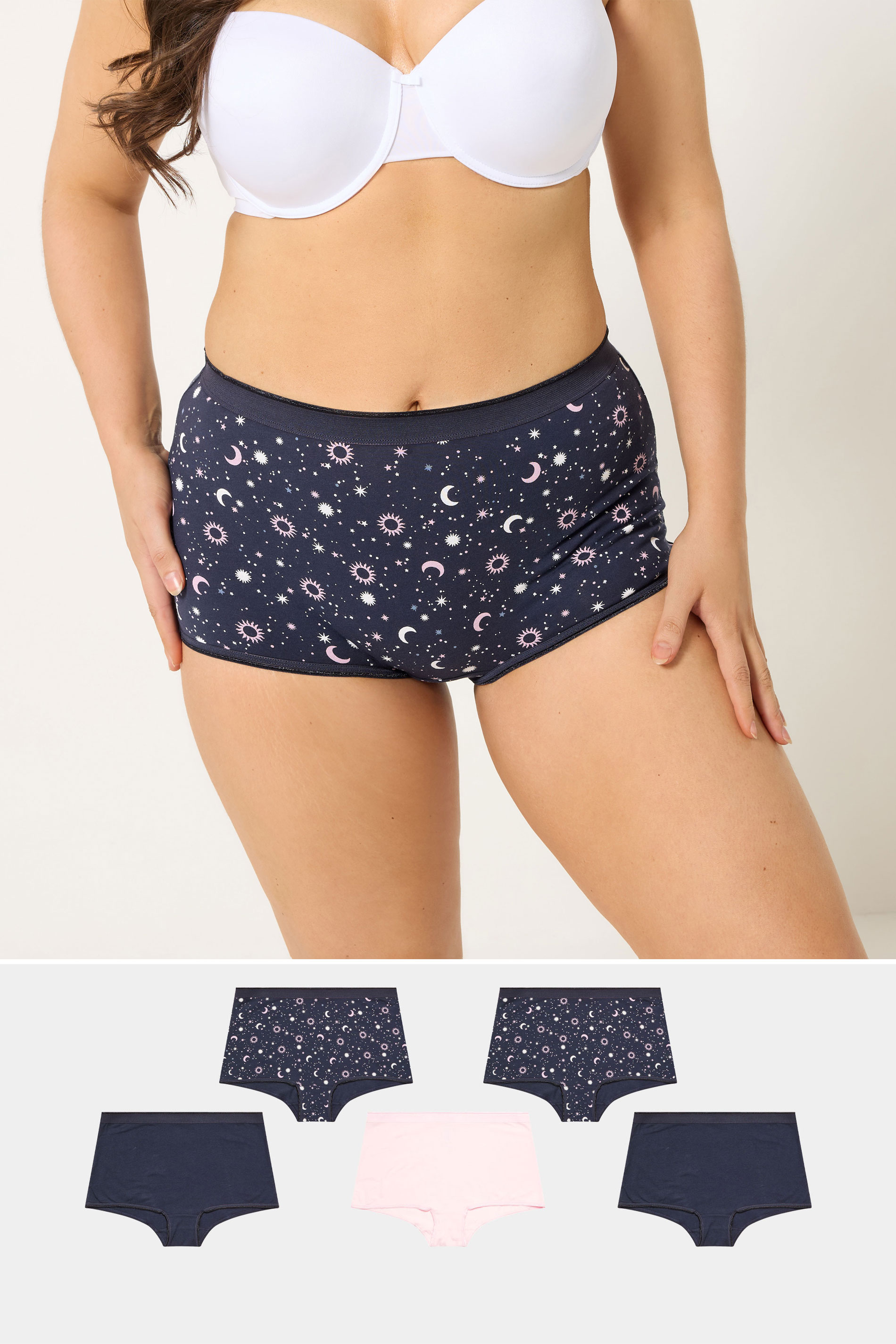 YOURSET 5 PACK Plus Size Navy Blue Celestial Print Shorts | Yours Clothing 1