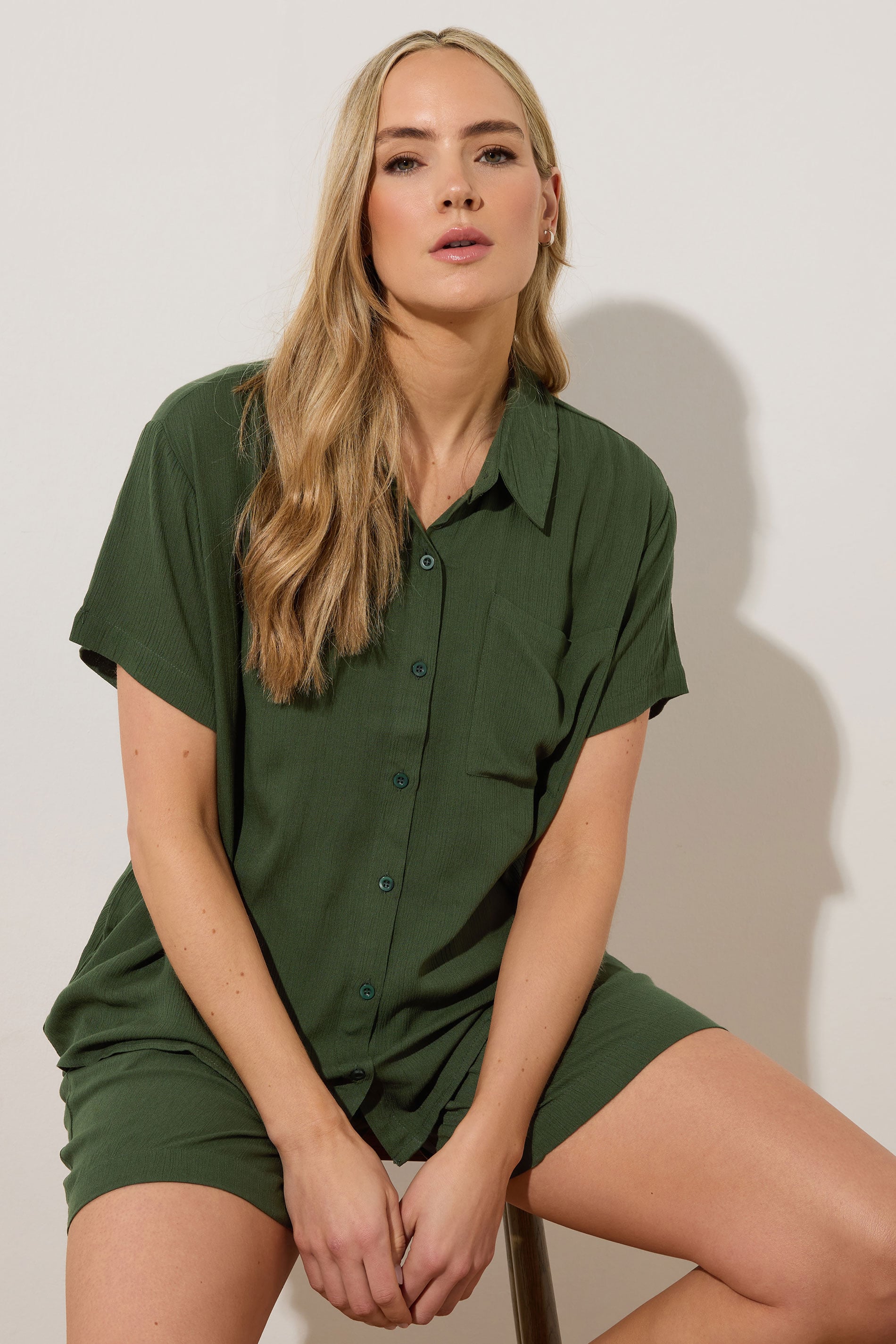 LTS Tall Khaki Green Cotton Crinkle Shirt | Long Tall Sally 1