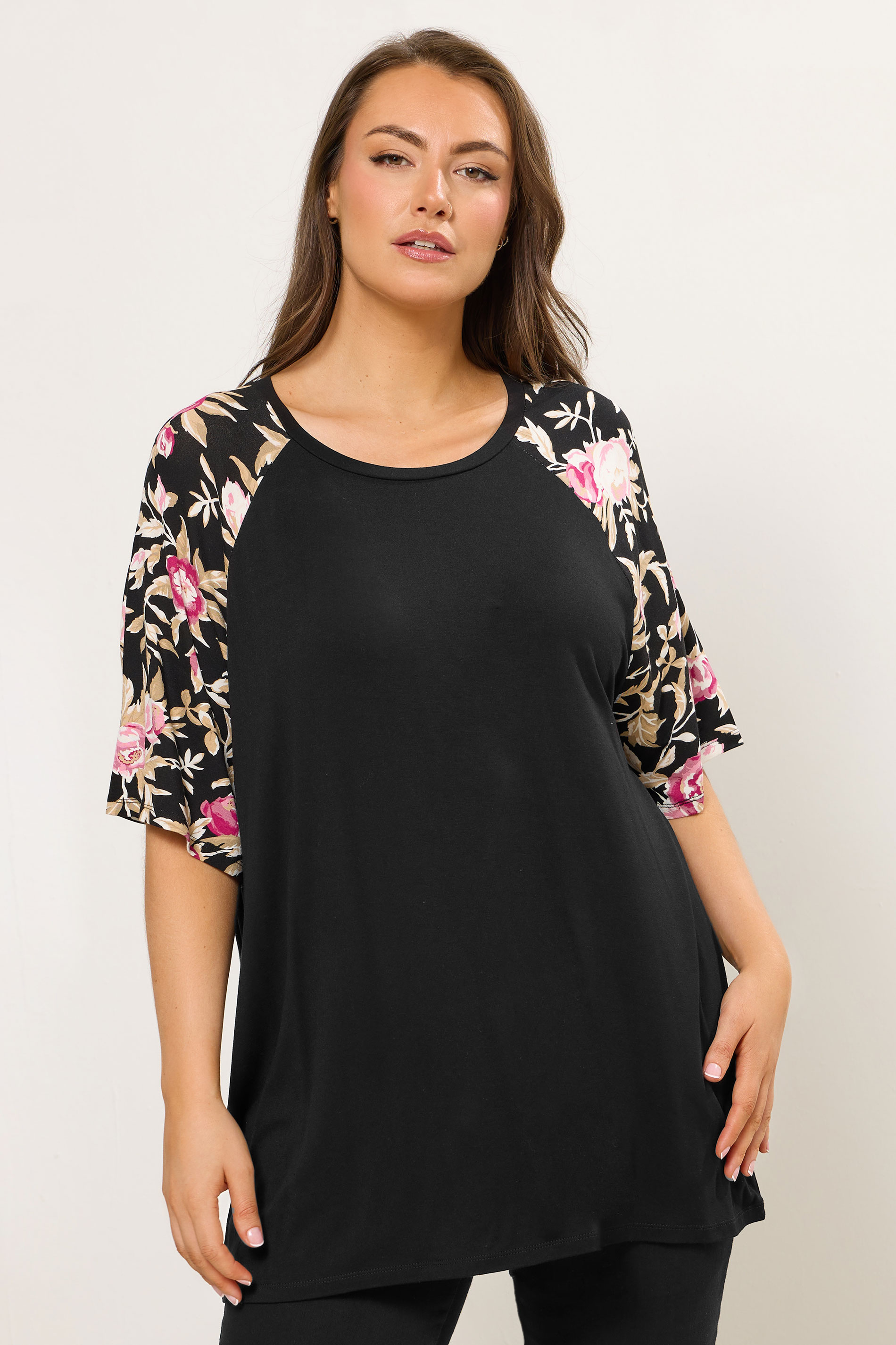 YOURS Plus Size Black Floral Raglan Sleeve T-Shirt | Yours Clothing 3