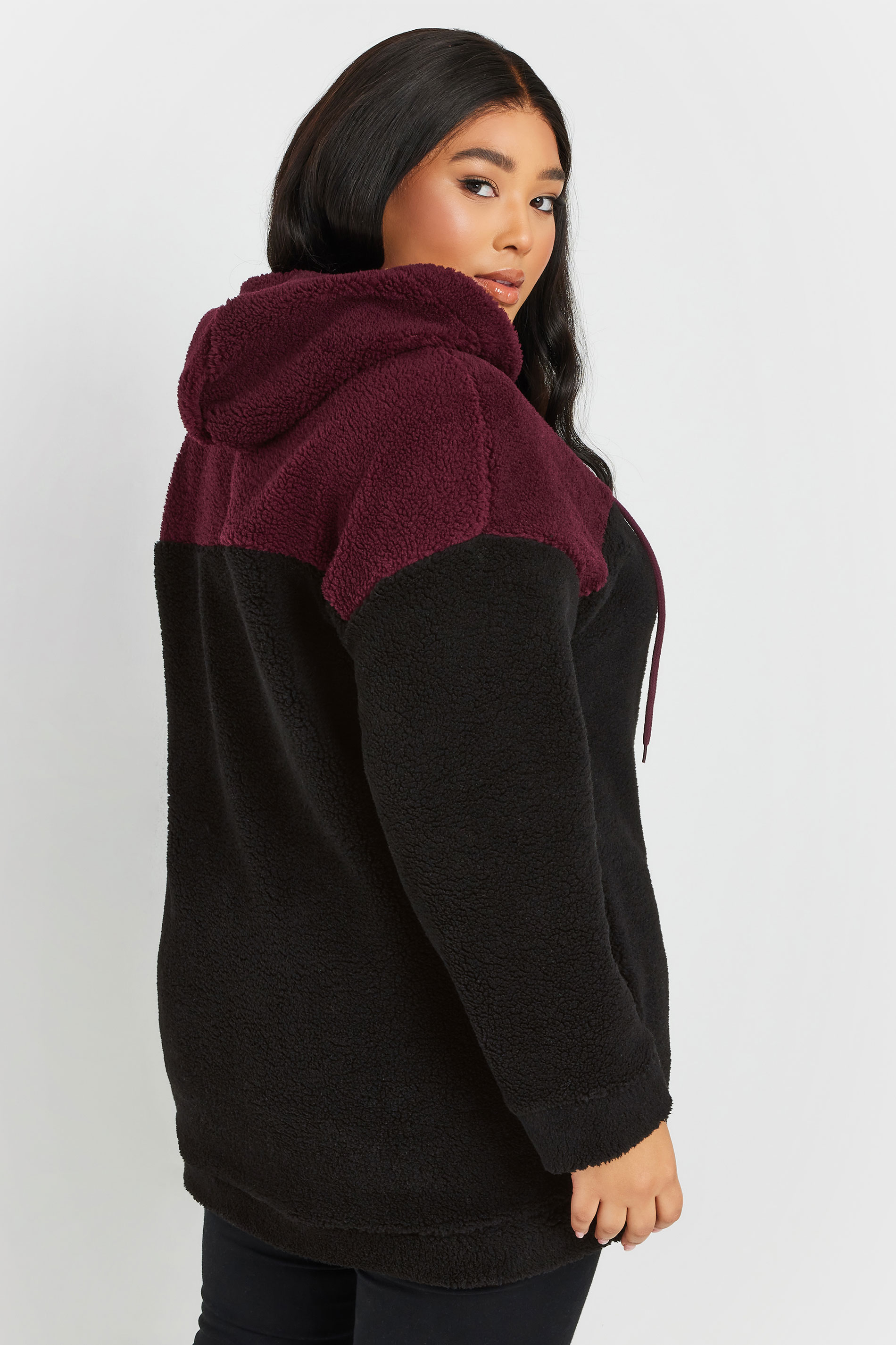 YOURS Plus Size Black & Burgundy Red Colourblock Teddy Fleece Hoodie | Yours Clothing  2