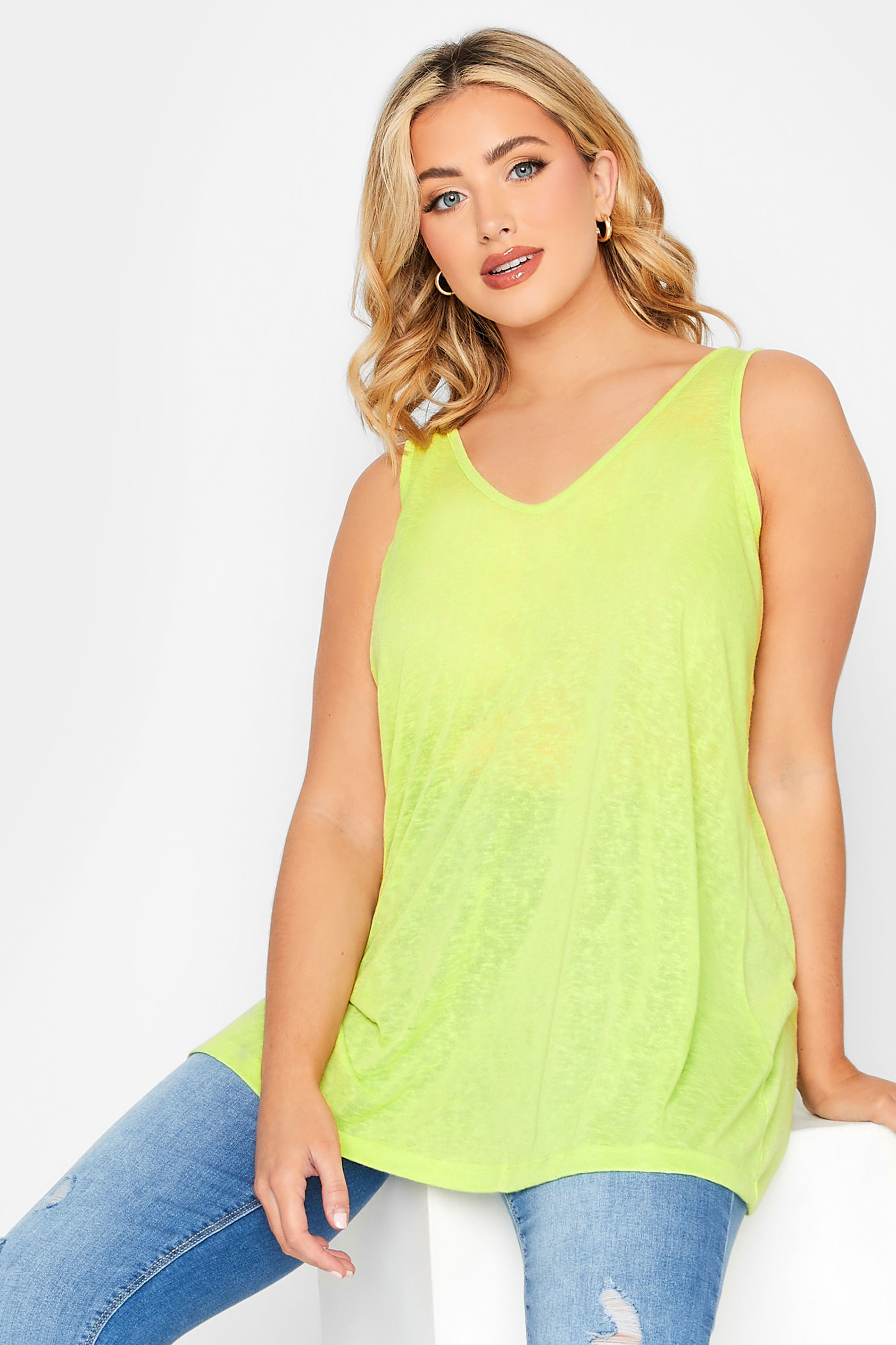 YOURS Curve Plus Size Lime Green Linen Look Vest Top | Yours Clothing  1