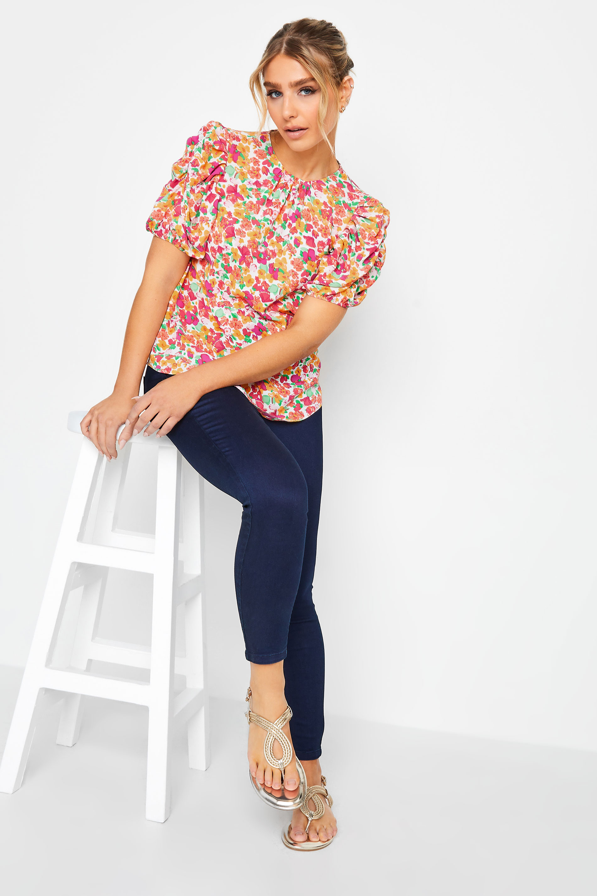M&Co White & Pink Floral Print Puff Sleeve Blouse | M&Co  2