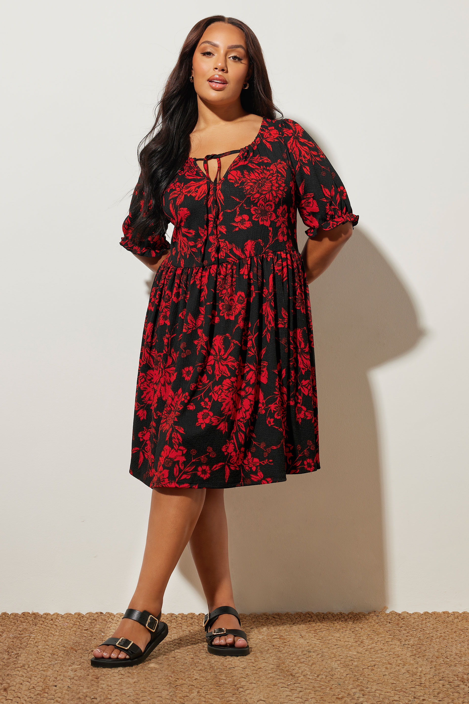 YOURS Plus Size Black & Red Floral Tie Neck Mini Dress | Yours Clothing 3