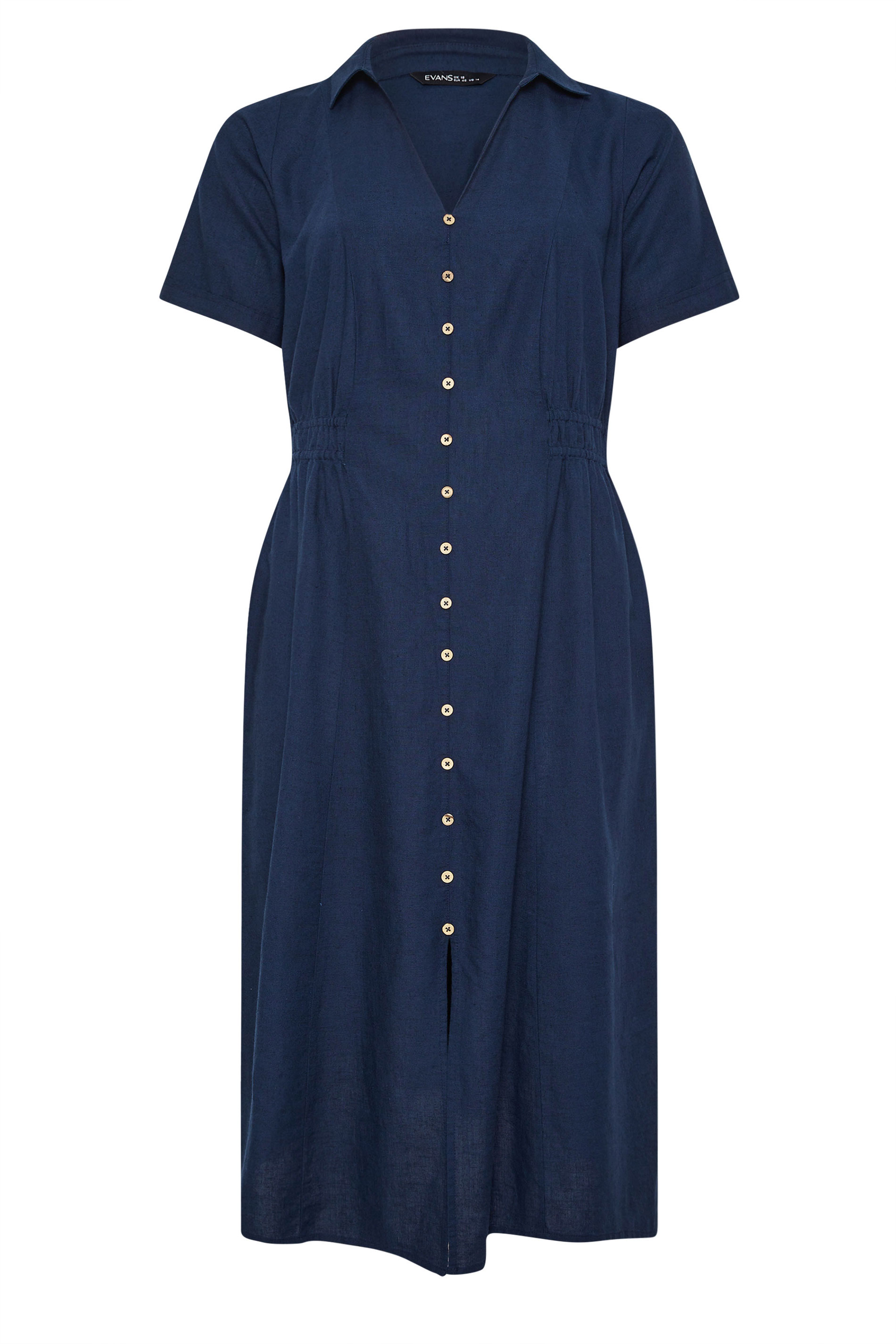EVANS Plus Size Navy Blue Linen Shirred Waist Midi Dress | Evans 5