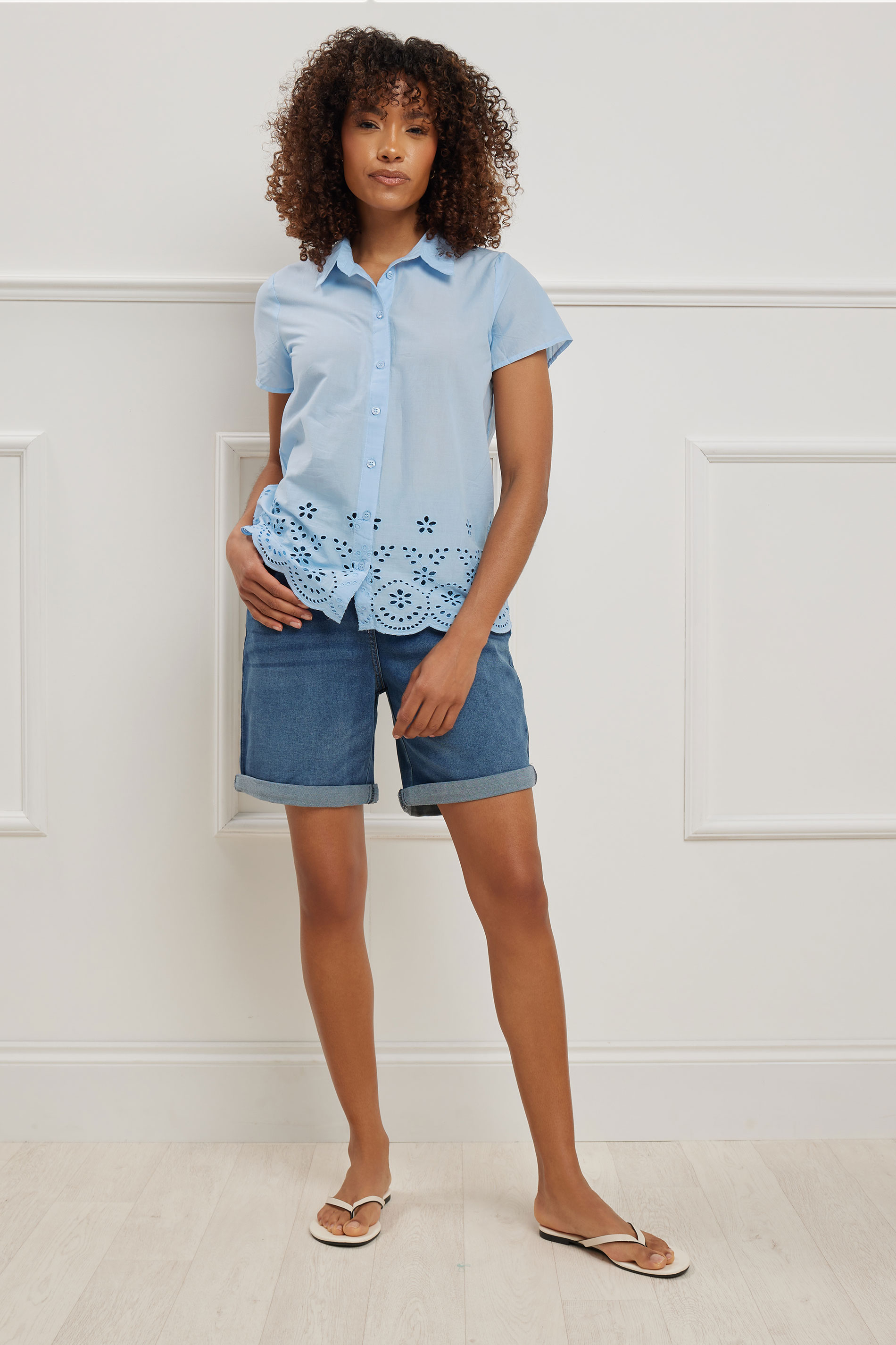 M&Co Light Blue Button Down Broderie Short Sleeve Shirt | M&Co 1