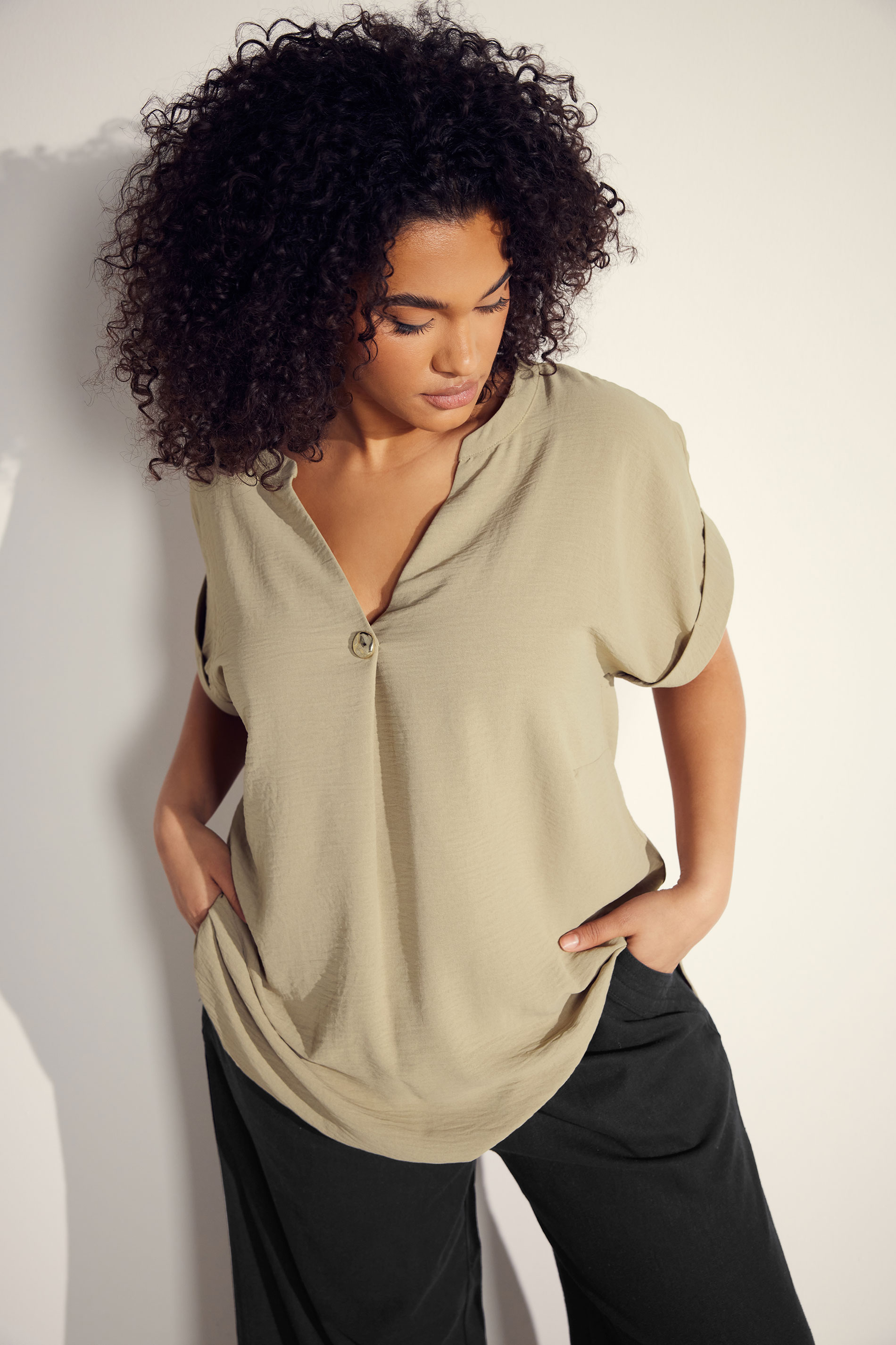 EVANS Plus Size Natural Brown Button Front Short Sleeve Blouse | Evans 3