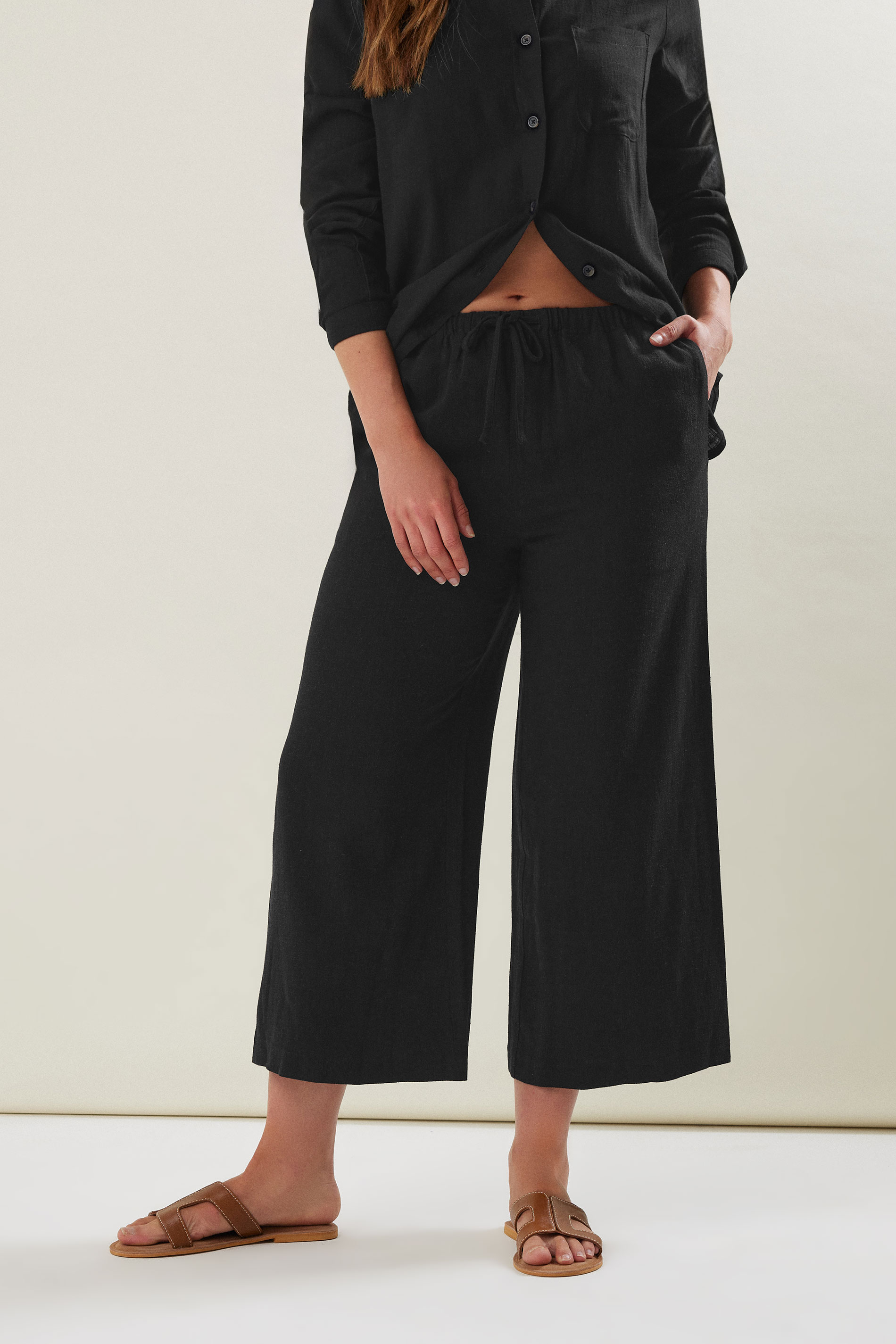 LTS Tall Black Wide Leg Cropped Linen Trousers 2